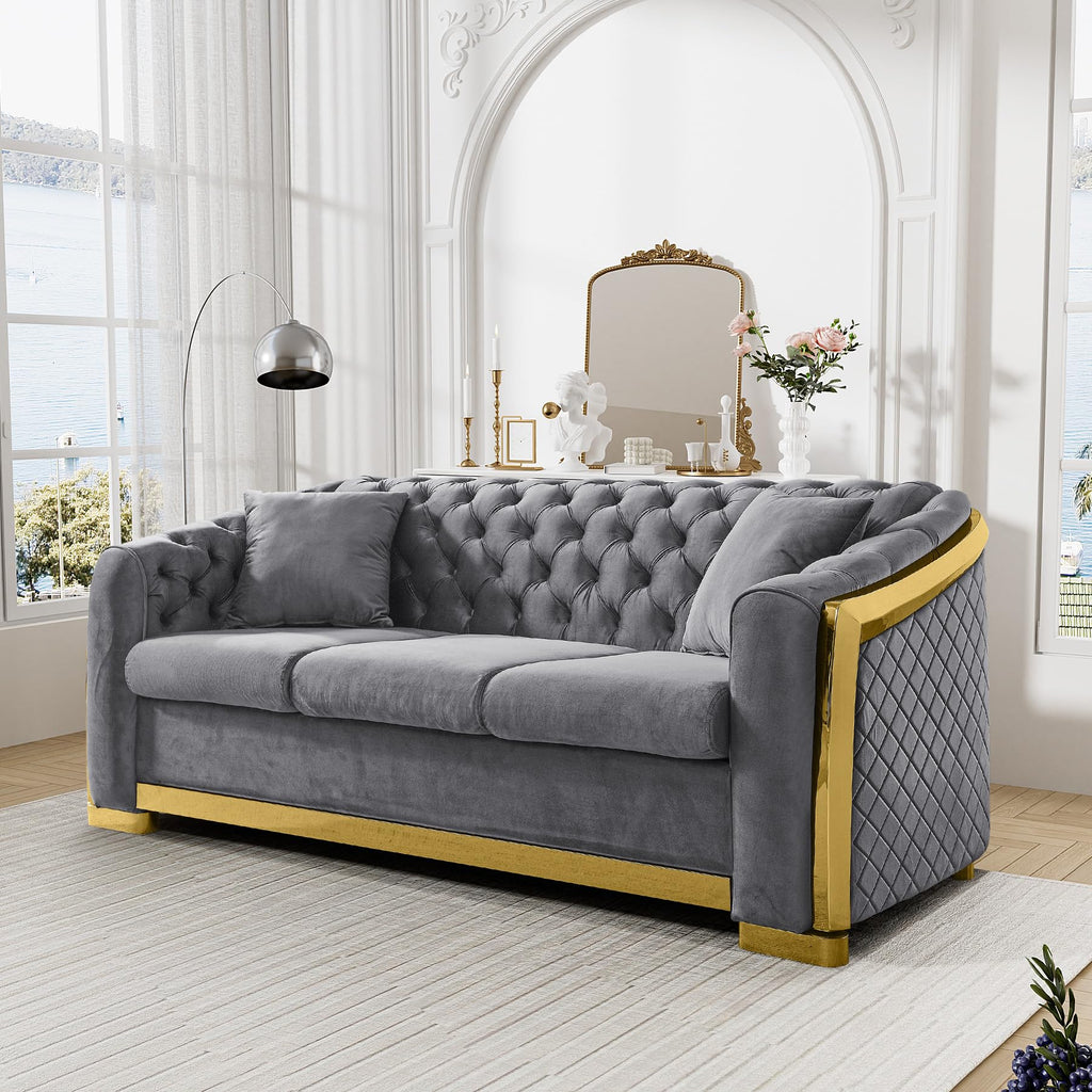 Mid Century Modern Chesterfield Sofa Couch, 81" Velvet Couch White and Gold Sofa Luxury Curved Loveseat for Living Room, 3 Seat Tufted Sofas with 2 Pillows & Classic Gold Legs, Beige White