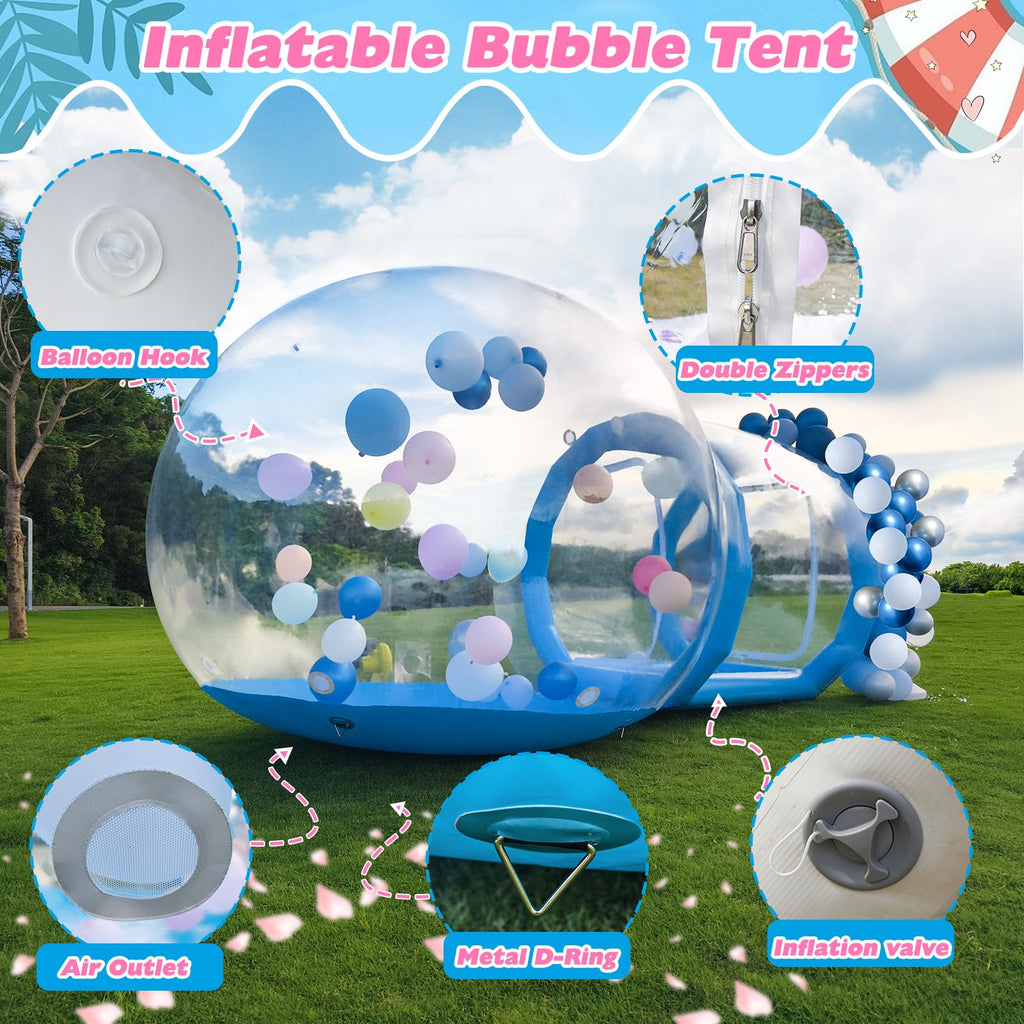 10FT Inflatable Bubble House Dome for Kids, Clear PVC Inflatable Bubble House Tent with Tunnel, Bubble Balloon House with 750W Air Blower, 600W Air Pump Inflatable Dome for Party (Blue, 10FT)