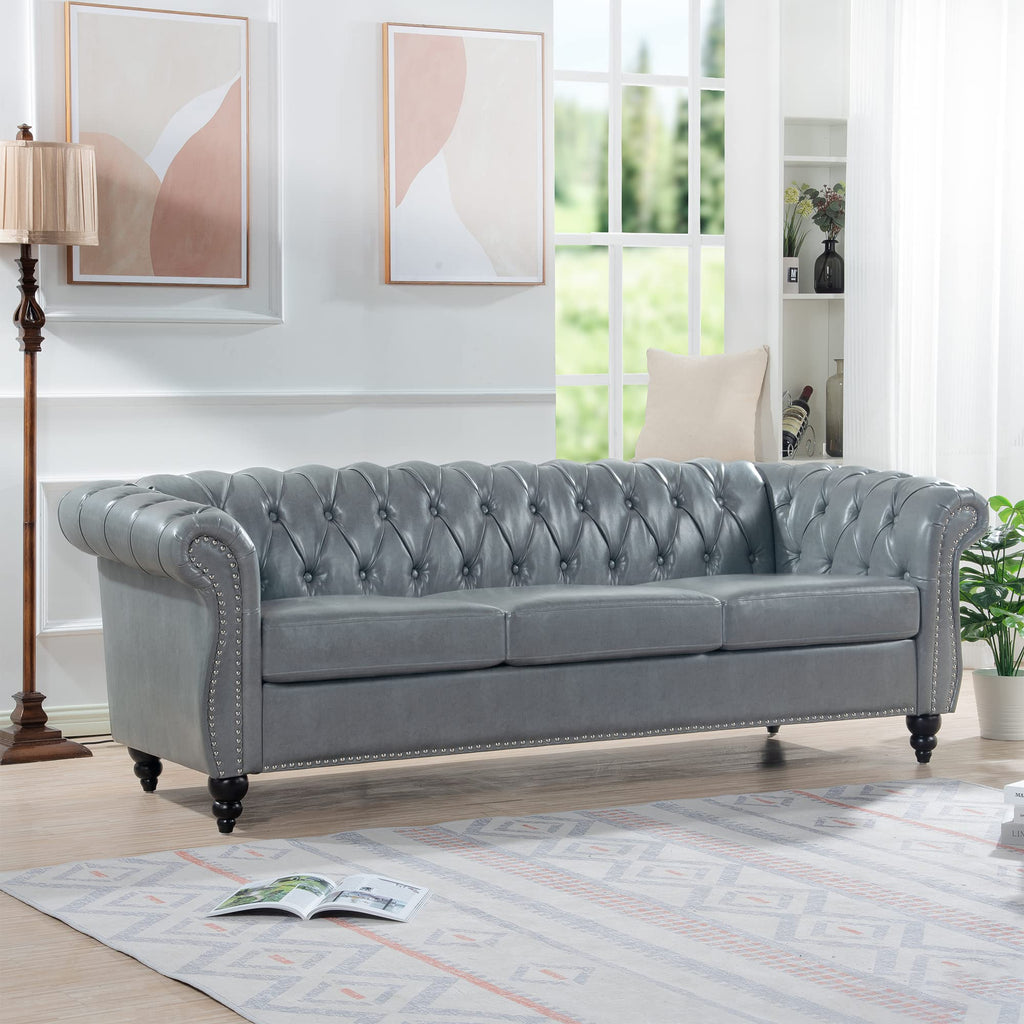 ERYE Clasic Chesterfield 3 Seaters Sofa Couch Luxury Roller Armrest,Special Soild Wood Legs, Linen Fabric Upholstered Button Tufted Sofa&Couch with Removable Cushions & Nailhead Decor