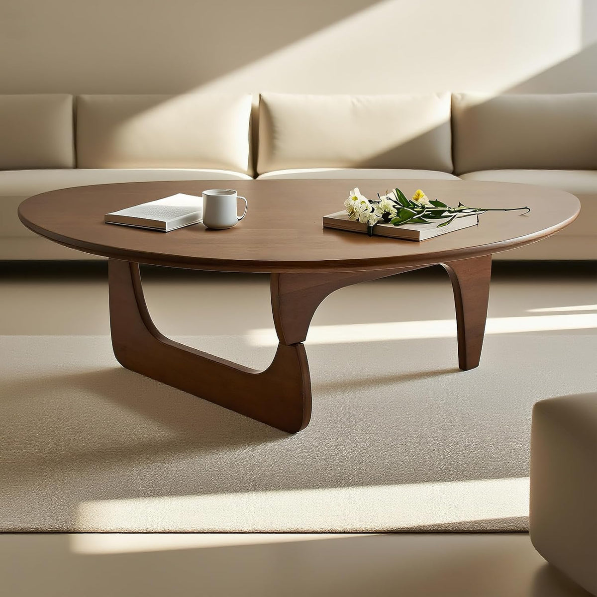 Modern Triangle Coffee Table: Unique Funky Soild Wood Coffee Tables for Living Room, Wooden Oval Mid-Century Modern Abstract Tea Tables for Patio Office Balcony Walnut 35" L x 24" W x 16" H