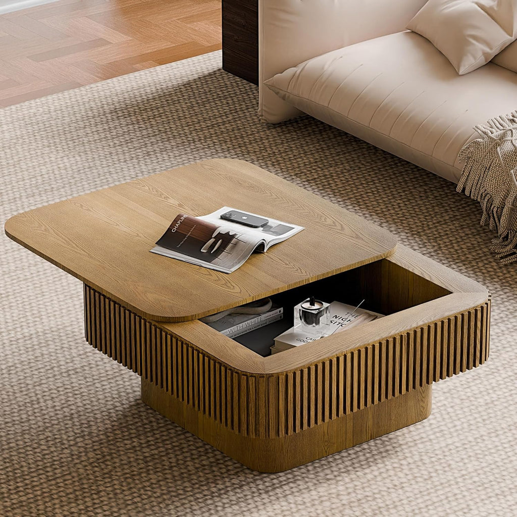 Lift Top Coffee Table with Storage for Living Room Mid Century Modern Coffee Table with Lifting Top Wood Fluted Coffee Tables with Lifts Up Tabletop for Home Apartment Office 38.6" Walnut Rectangle