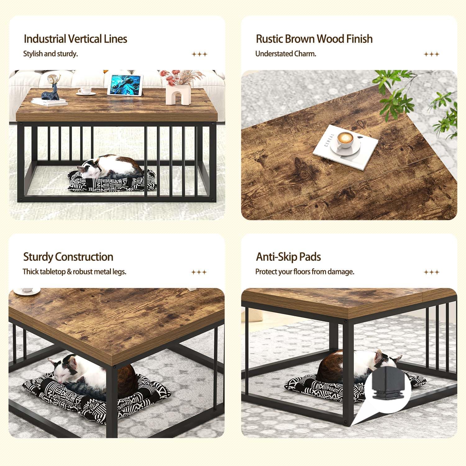 FOLUBAN Modern Coffee Table, Square Center Table for Living Room, Industrial Rustic Wood and Metal Cocktail Tea Table, 31.5 Inch, Brown