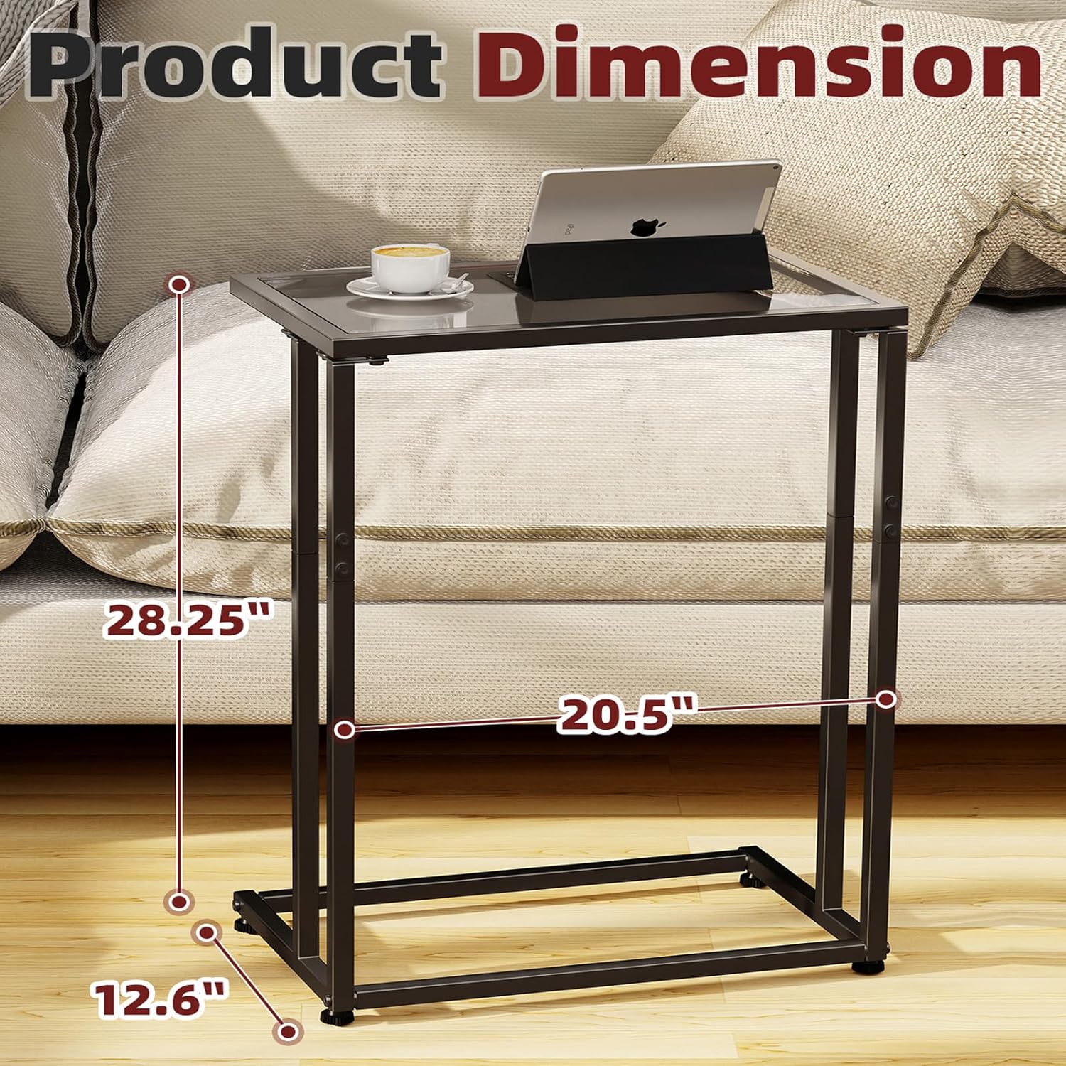 Simple Trending C Table Tempered Glass End Table, Couch Side Table, Snack Sidetable with Metal Frame, TV Tray Table for Small Space, Sofa Couch and Bed Side Table, Black