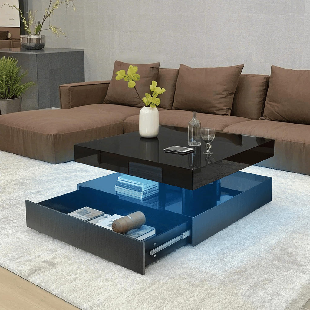 FKWin Black Modern Coffee Tables - Endless Depth Mirror Square Coffee Table with LED Lights, Black Table for Living Room, Tempered Glass-Top Center Tables, 31"