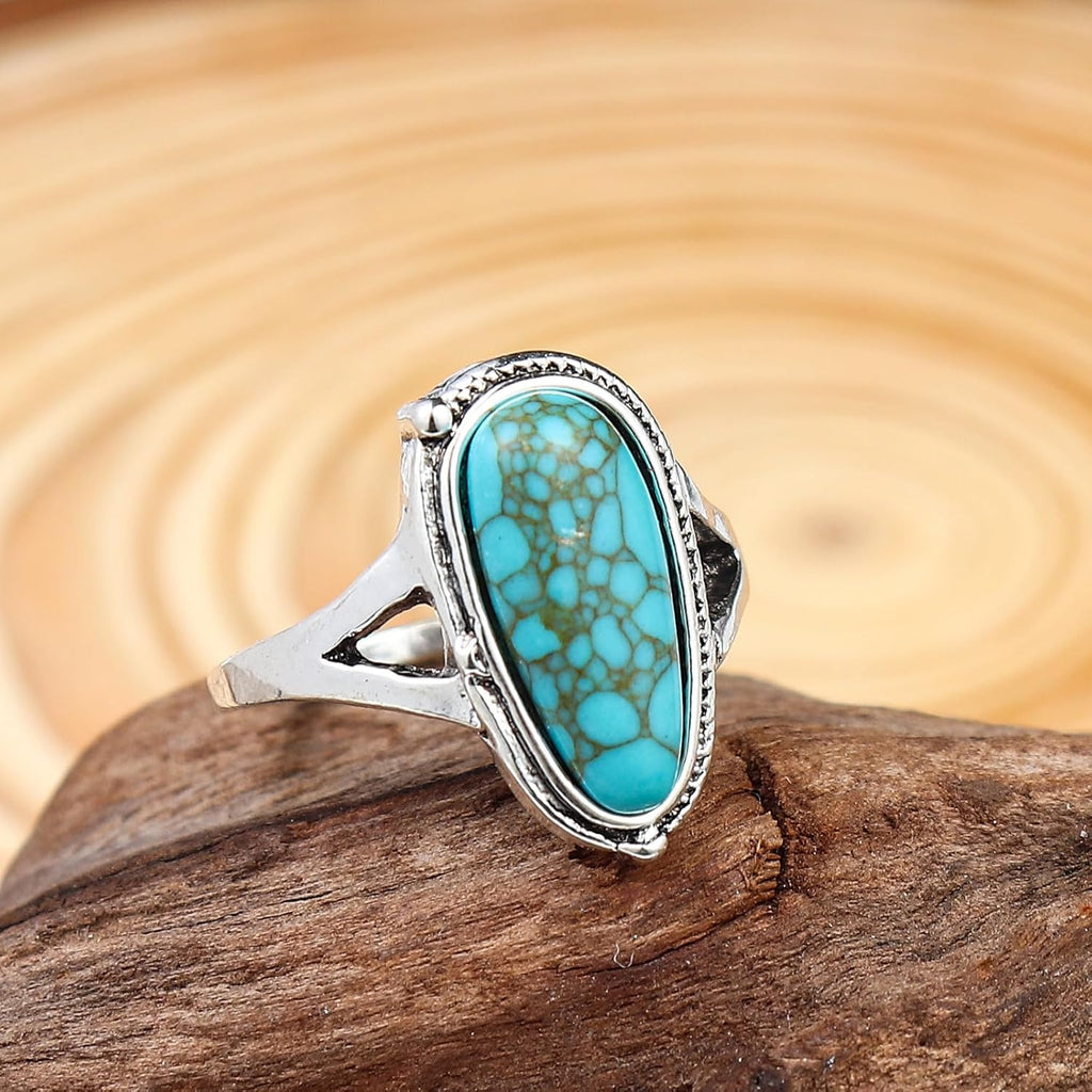 Bohemian Turquoise Oval Flower Rings Vintage Geometric Ethnic Natural Stone Adjustable Silver Joint Knuckle Rings Western Cowgirl Statement Jewelry