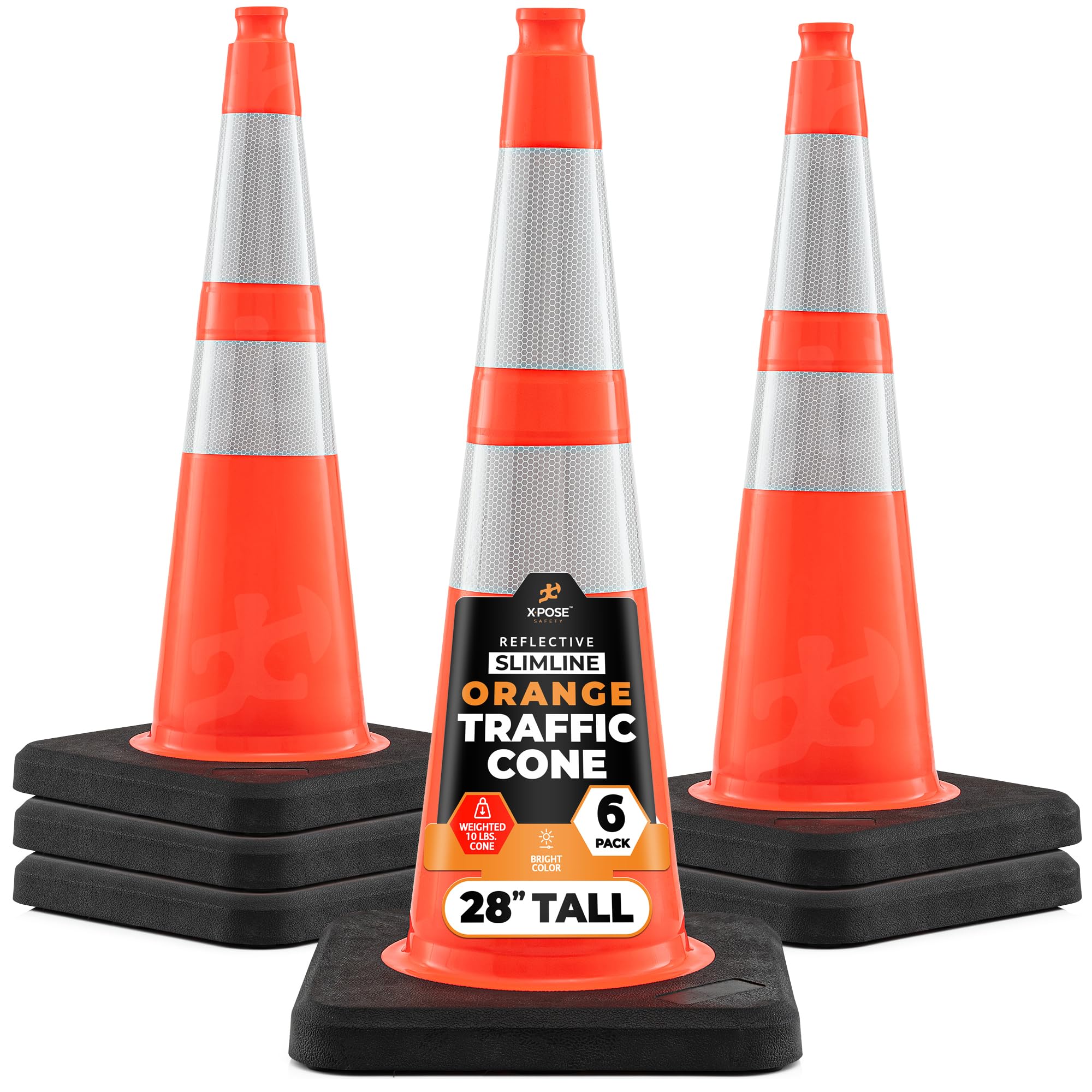 Xpose Safety 28 Inch Orange Slim Line Traffic Cones with 6" & 4" Collars, 24 Pack Multipurpose PVC Plastic Safety Cone for Parking, Soccer, Caution, Kids & Construction - DOT Approved