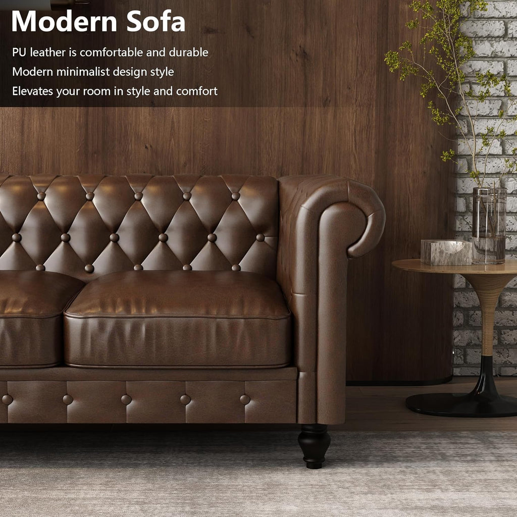 Leather Brown Sofa for Living Room Chesterfield 3 Seater Couch Sofa Comfortable Soft Sturdy Durable Furniture for Office Bedroom Apartment Hotel Place (03-Brown-80)