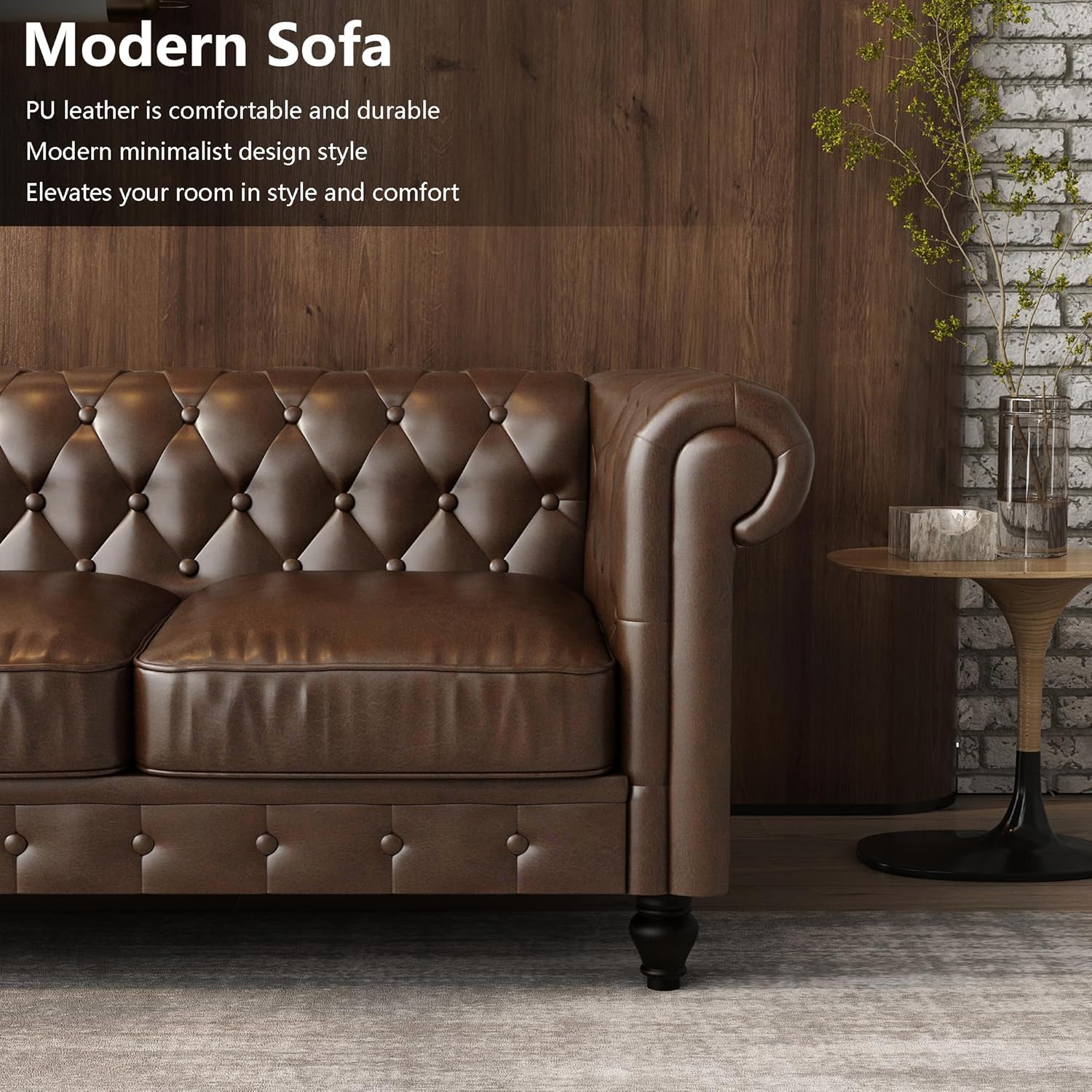 Leather Brown Sofa for Living Room Chesterfield 3 Seater Couch Sofa Comfortable Soft Sturdy Durable Furniture for Office Bedroom Apartment Hotel Place (03-Brown-80)