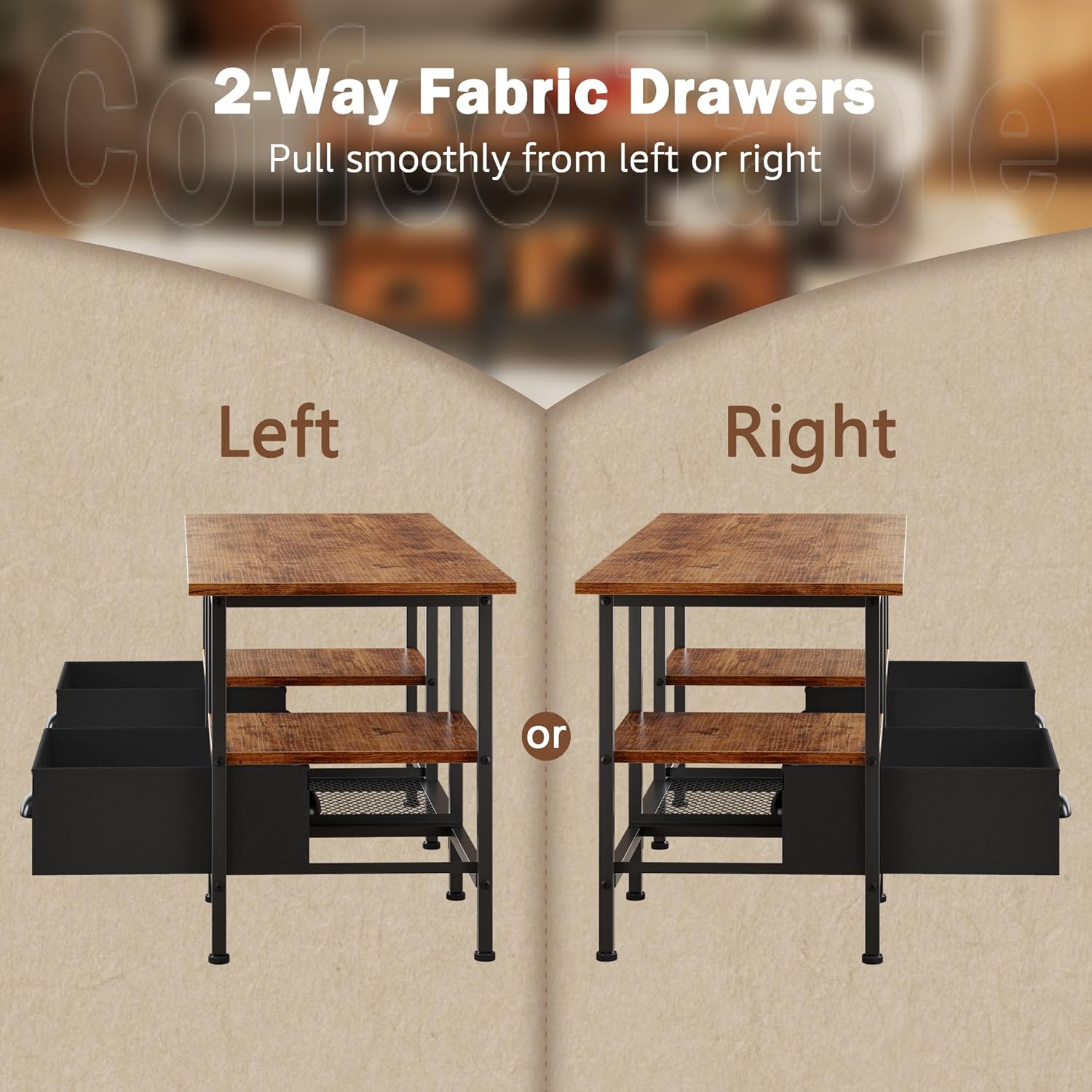 Furologee 35" Coffee Table with 2 Storage Drawers, Small Coffee Tables for Living Room, Industrial Center Table with 2 Tier Storage Shelf, Rustic Brown