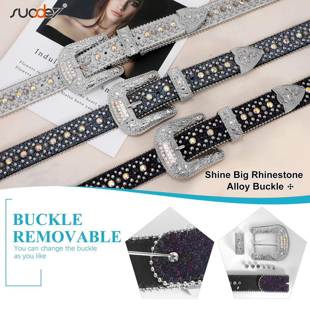 SUOSDEY Men Women Rhinestone Belt Western Cowboy Cowgirl Shine Crystal Diamond Studded Luxury Strap Belts,Silver