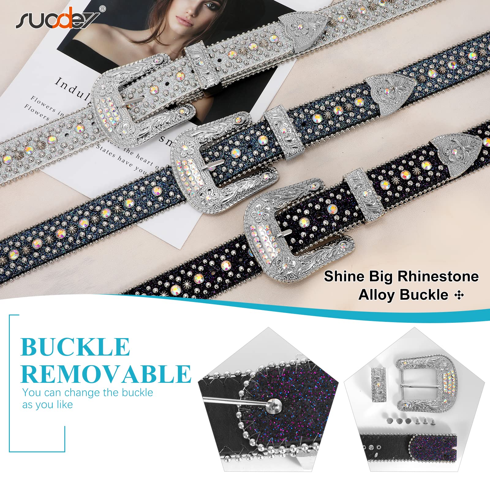 SUOSDEY Men Women Rhinestone Belt Western Cowboy Cowgirl Shine Crystal Diamond Studded Luxury Strap Belts,Silver