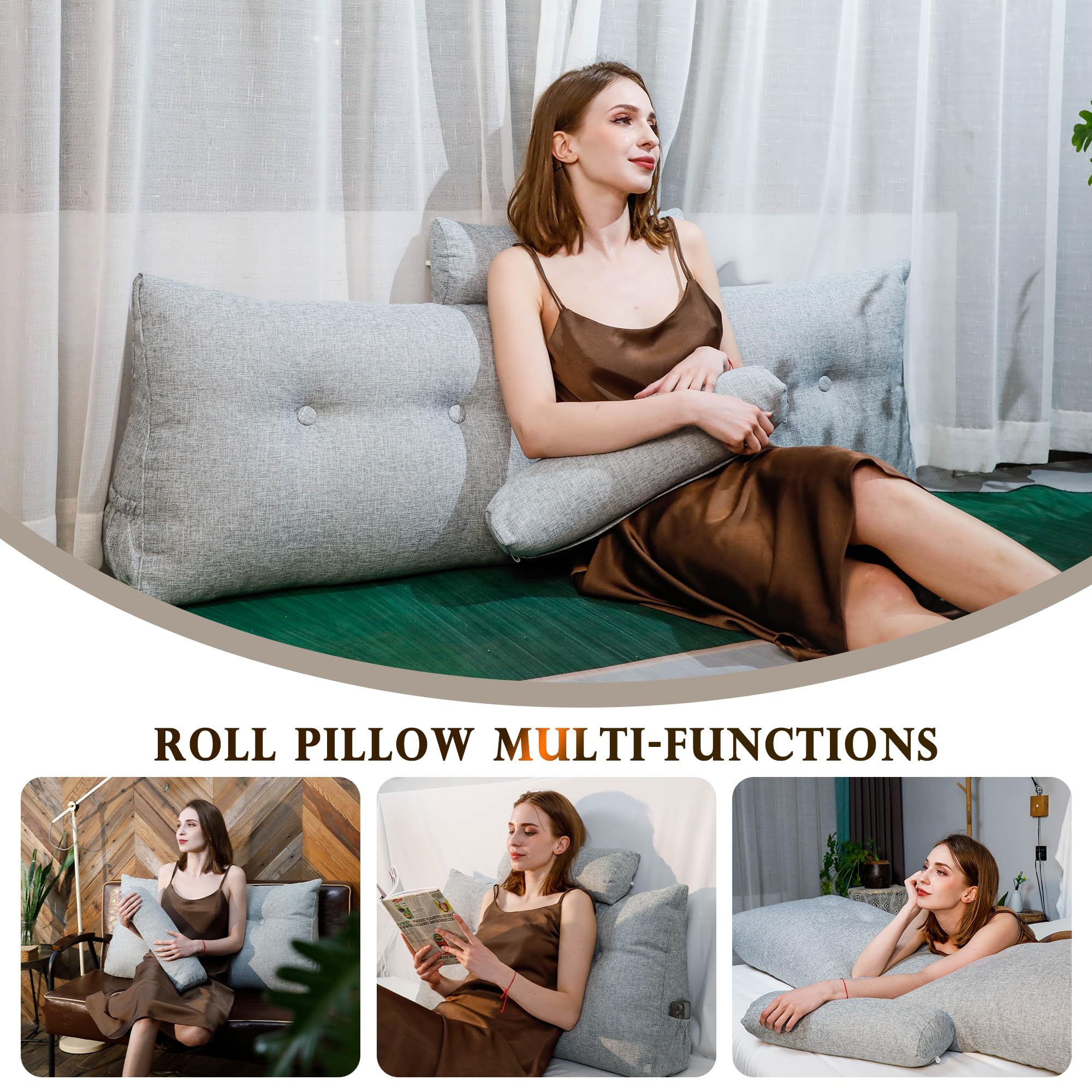 بالش پشتی بزرگ مثلثی Wellty Care با بالش رول سر، بالش تکیه‌گاه پشتی برای حمایت و استراحت در تخت با کاور قابل جدا شدن (خاکستری، دو نفره: 39x8x20 اینچ)