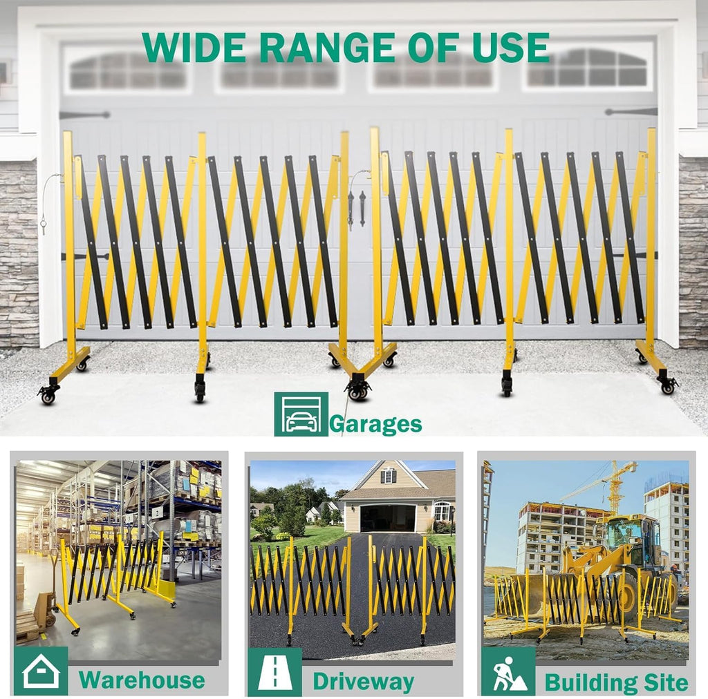 Industrial Expandable Metal Barricade 17 Feet, Yellow and Black Mobile Safety Barrier Gate, Retractable Traffic Fence with Casters, Folding Expandable Barricade for Road Construction, Garage