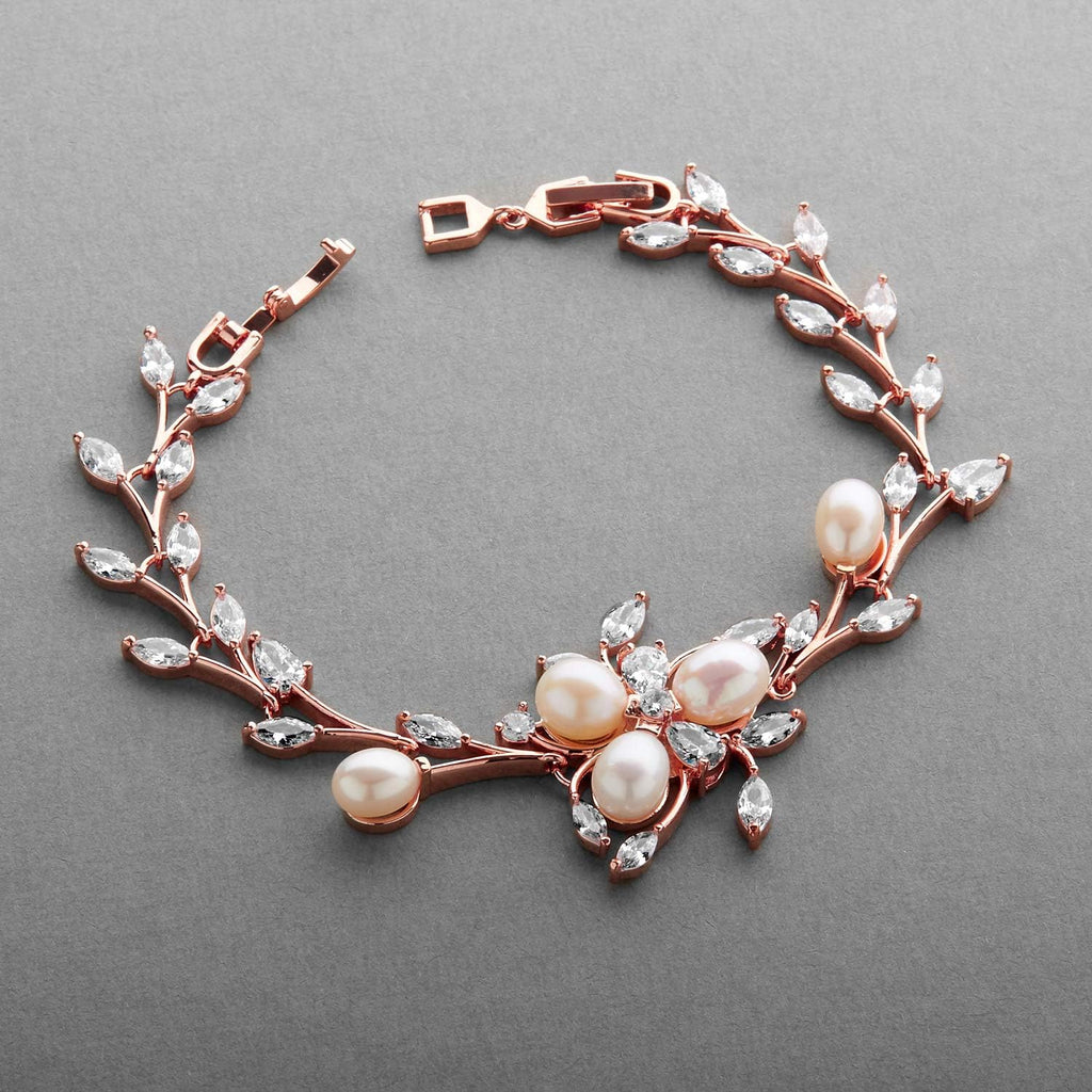 Mariell Luxury Blush Rose Gold Cubic Zirconia Crystal & Genuine Freshwater Pearl Wedding Bridal Bracelet