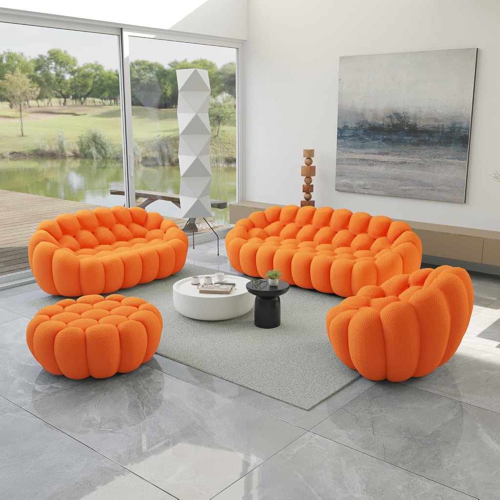 JACH Bubble Sofa Curved Couch Set, Comfy Upholstered Sofa, Mesh Fabric 3D Honeycomb Shape Modern Couches for Living Room, Apartment (Orange, 1 Seater, 2 Seater, 3 Seater, Ottoman)