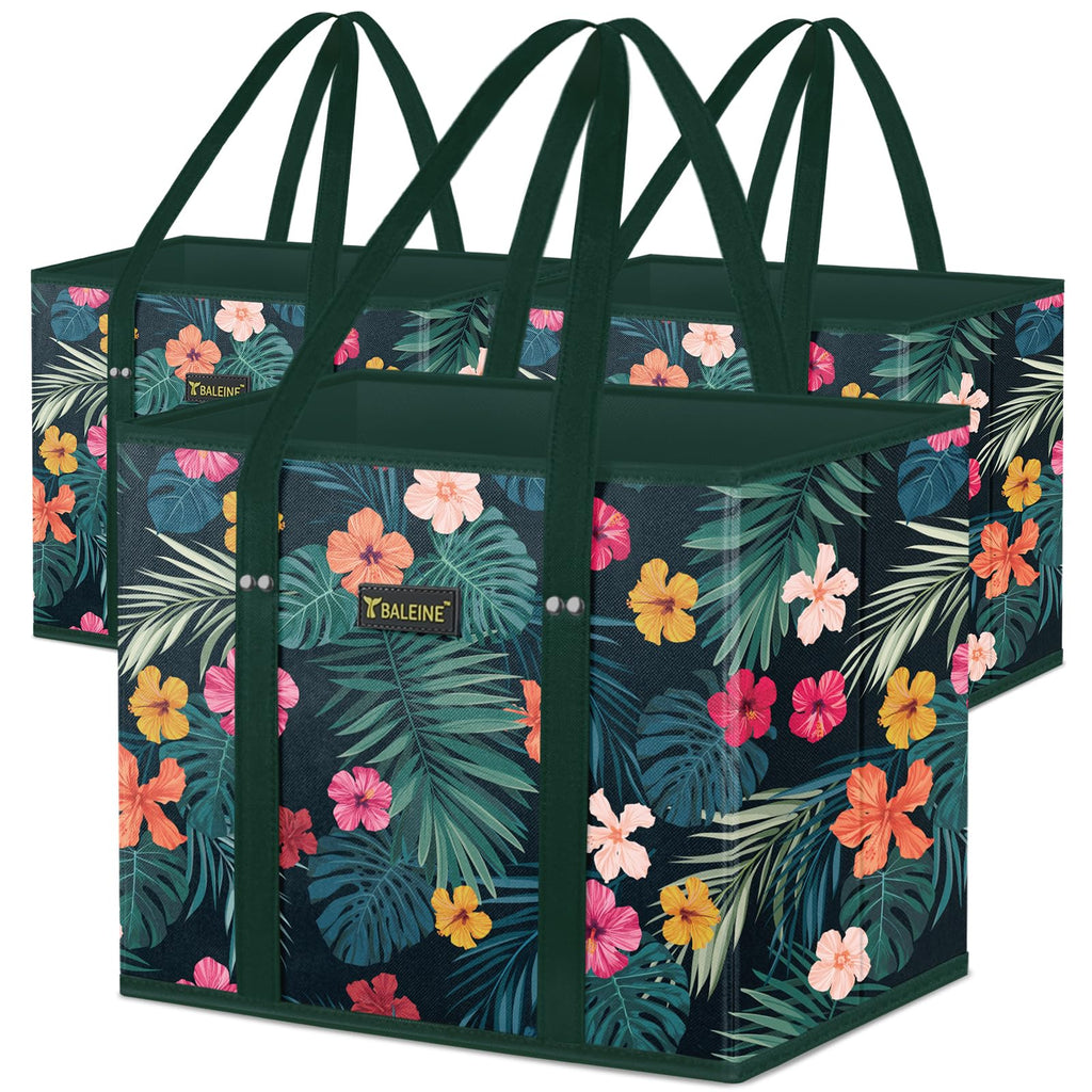 BALEINE 3Pk Reusable Grocery Bags, Foldable Shopping Bags for Groceries with Reinforced Bottom & Handles (Antique Foliage)