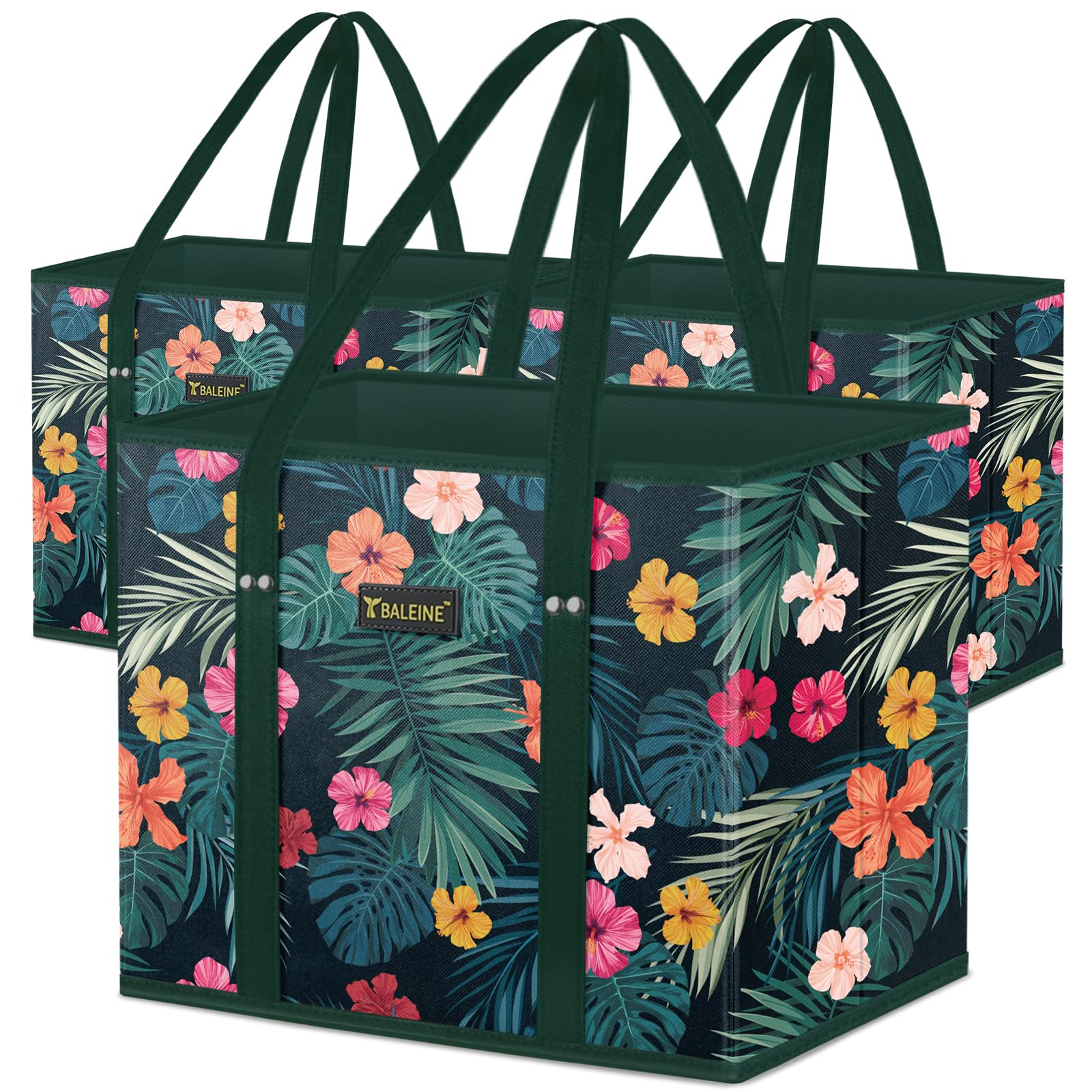 BALEINE 3Pk Reusable Grocery Bags, Foldable Shopping Bags for Groceries with Reinforced Bottom & Handles (Antique Foliage)