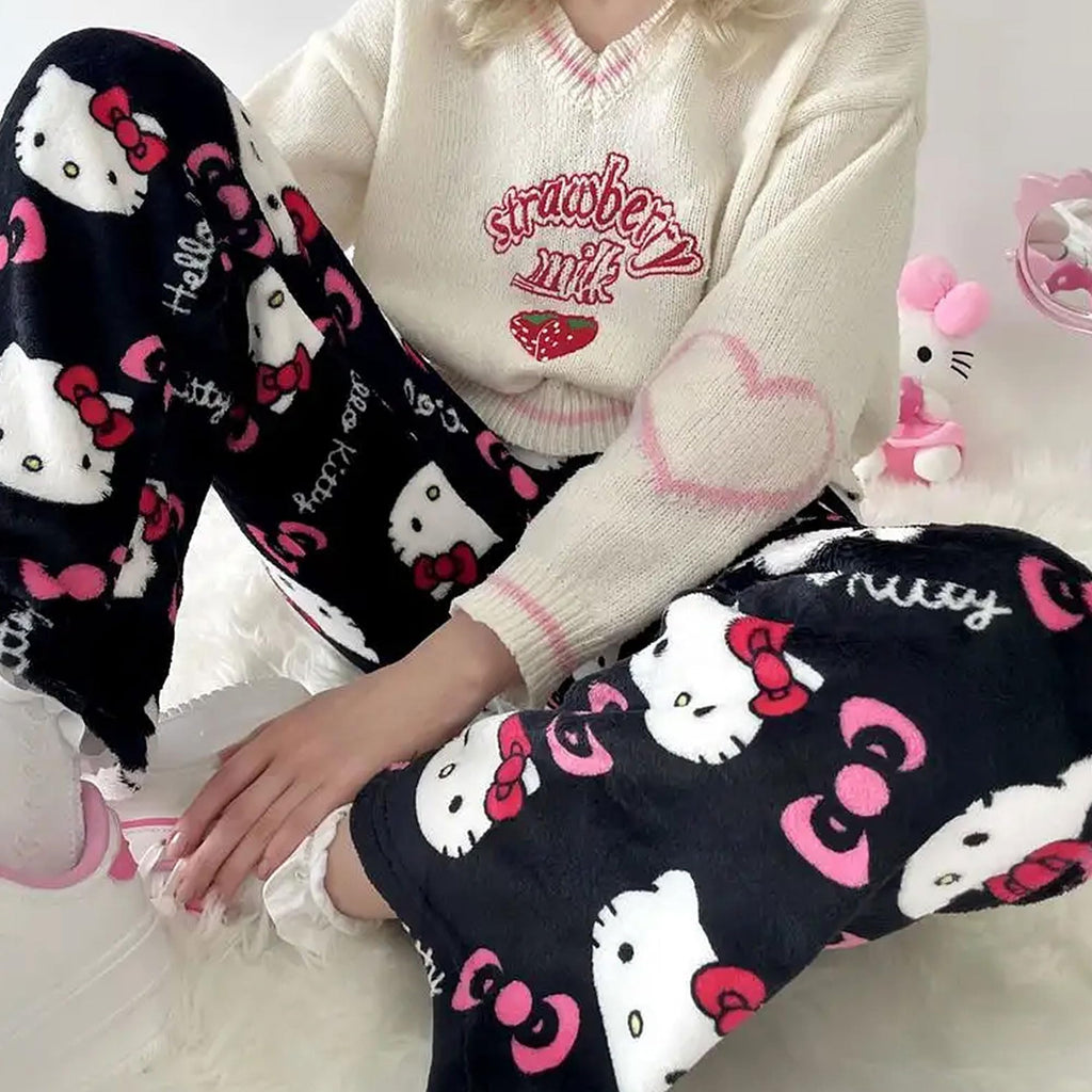 Anime Pajama Pants Women Cute Cat PJS Fluffy Flannel Sleep Bottoms