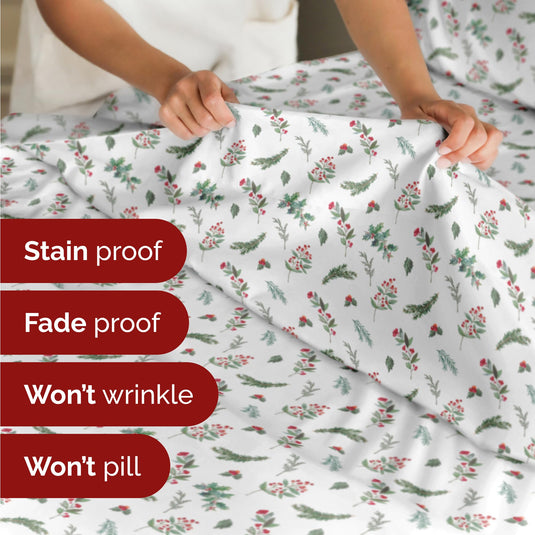 King Christmas Tree Sheet Set - Holiday Xmas Pattern Linen Set - Deep Pockets - Snug Fit - 4 Piece - Wrinkle Free - Comfy & Cooling Festive Winter Bedding - Easy To Care For - Kid Friendly