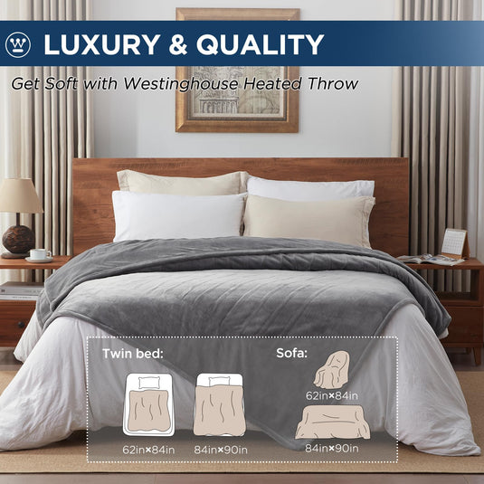 Westinghouse Electric Blanket Queen Size, Super Cozy Soft Flannel 84" x 90" Heated Blanket with 10 Fast Heating Levels & 1-12 Auto-Off, Machine Washable, ETL&FCC Certification, Beige