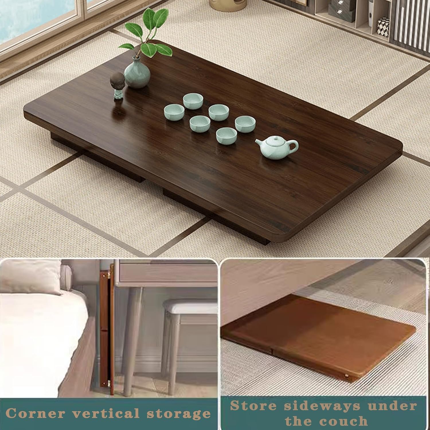Japanese Floor Table Bamboo Japanese Folding Table Portable Solid Wood Japanese Coffee Table, No Assembly Folding Coffee Table for Sitting on The Floor, Easy Storage (31.5 * 17.7 * 13.8)