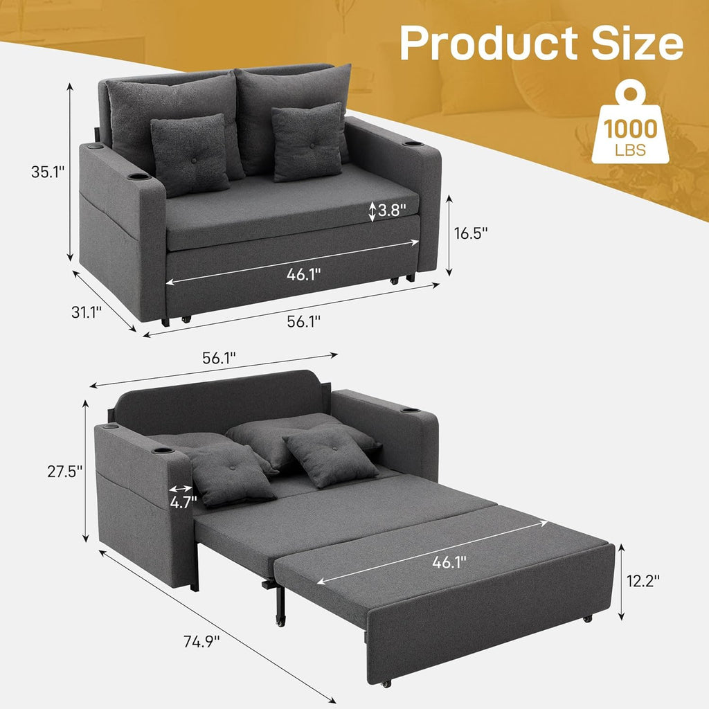 3 in 1 Convertible Sofa Bed, 56" Full Size Loveseat Sleeper Sofa Couch Bed, Sleeper Sofa Bed with Storage Pocket, USB, Comfy Pull Out Sofa Bed for Living Room, Bedroom, Small Space, Dark Grey