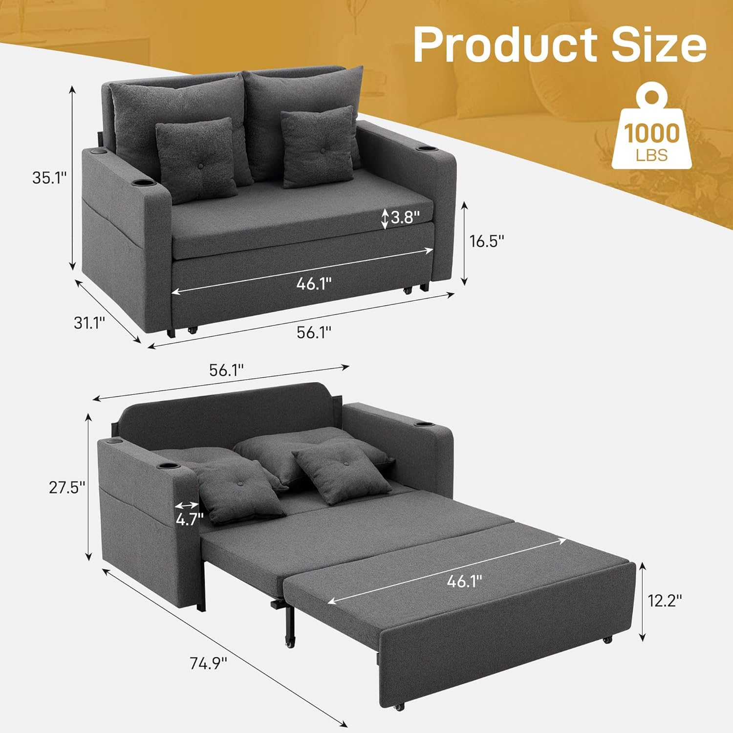3 in 1 Convertible Sofa Bed, 56" Full Size Loveseat Sleeper Sofa Couch Bed, Sleeper Sofa Bed with Storage Pocket, USB, Comfy Pull Out Sofa Bed for Living Room, Bedroom, Small Space, Dark Grey