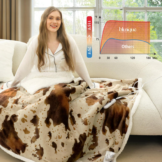 Heated Throw Blanket Electric Blanket - Heating Blanket Throw with 5 Heat Levels & 4 Hours Auto-Off, Cozy Soft Fleece Sherpa Blanket, Washable, Fast Heating, 50 x 60 Inches, Cow Print