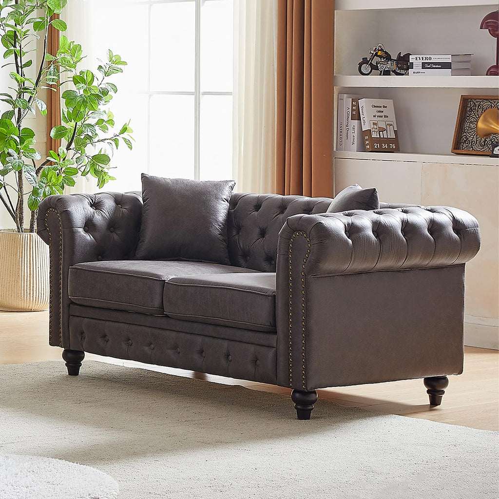 Mid Century Modern Couch,85.5" High-tech Fabric Button Tufted Oversized Loveseat Sofa w/ Nailhead Trim&Roll Armrest,Upholstered Comfy Deep Seat Chesterfield Sofa for Living Room,Office(3 Seater,Brown)