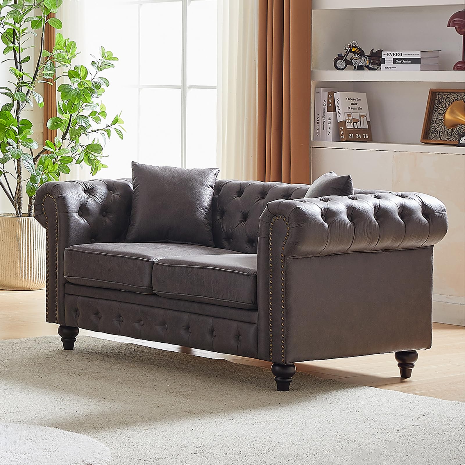 Mid Century Modern Couch,85.5" High-tech Fabric Button Tufted Oversized Loveseat Sofa w/ Nailhead Trim&Roll Armrest,Upholstered Comfy Deep Seat Chesterfield Sofa for Living Room,Office(3 Seater,Brown)