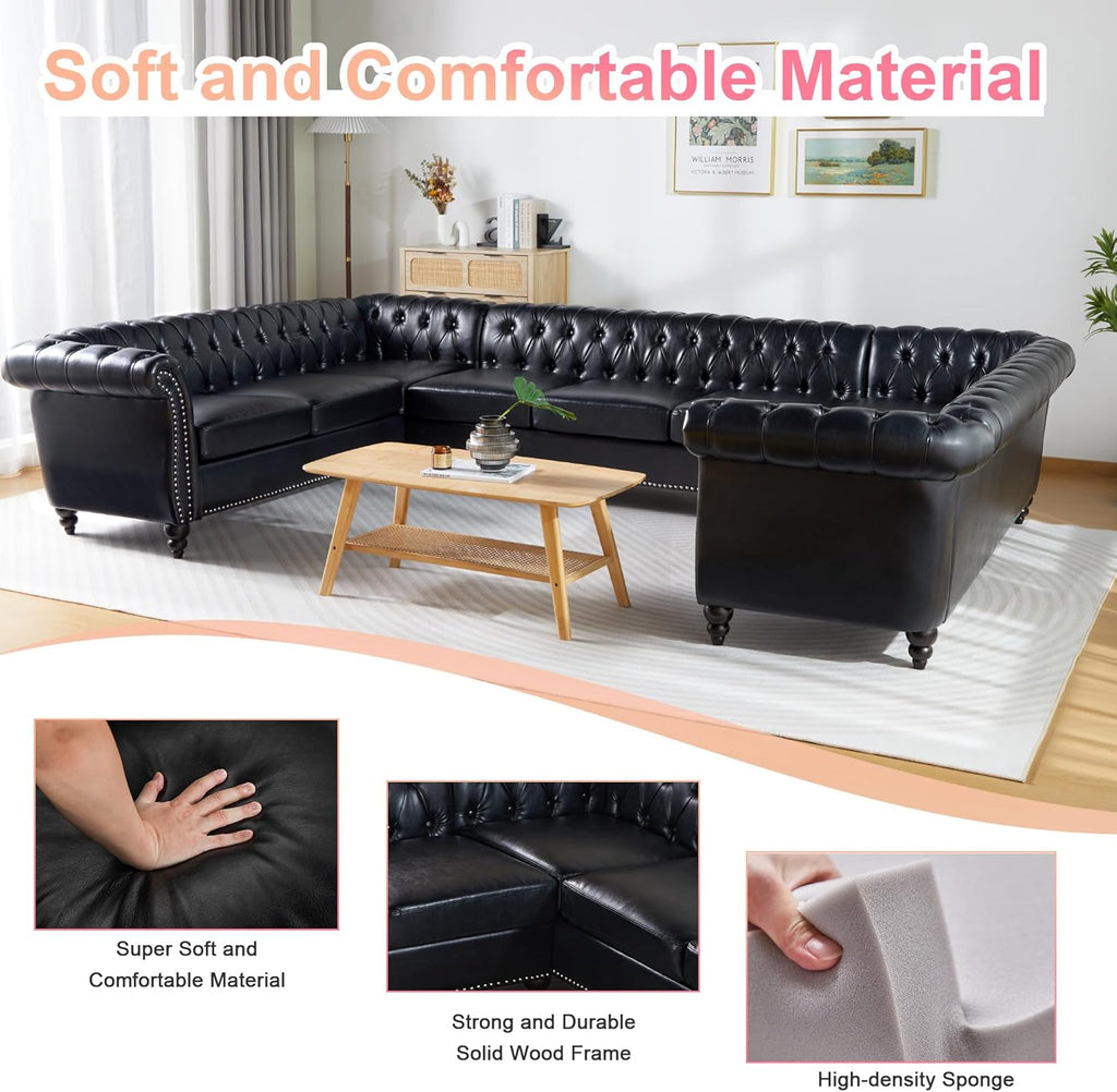 U Shaped Large Sectional Sofa, Chesterfield Leather Faux Couch Tufted Accent Sofa with Scroll Arms and Nailhead for Living Room, Office