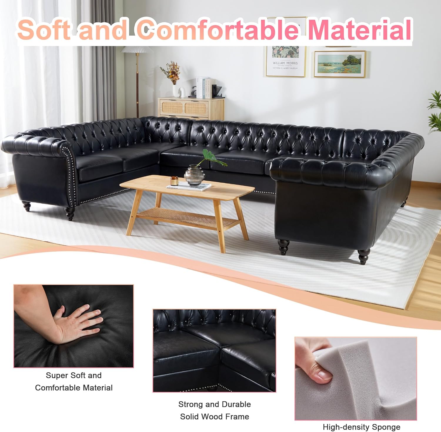 U Shaped Large Sectional Sofa, Chesterfield Leather Faux Couch Tufted Accent Sofa with Scroll Arms and Nailhead for Living Room, Office