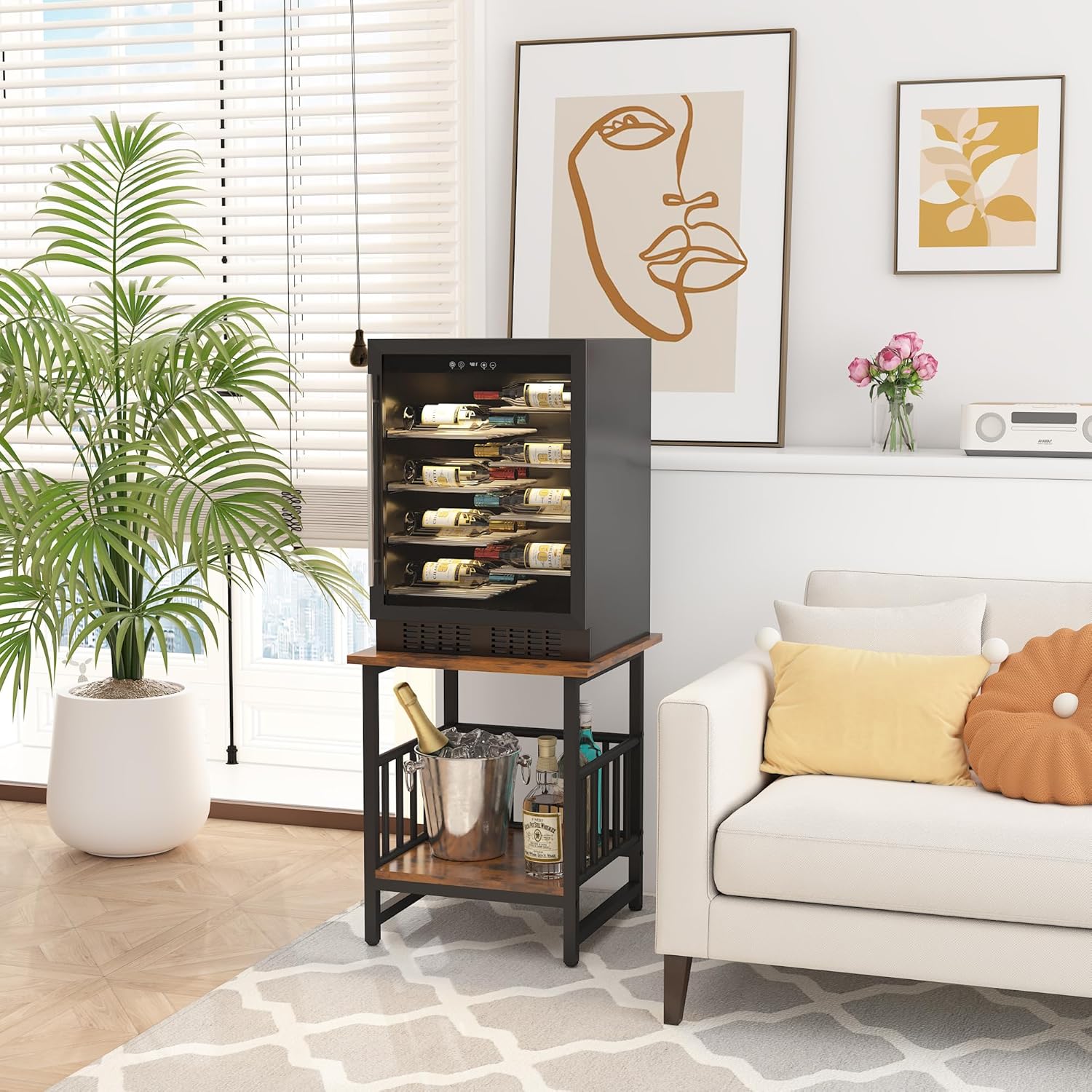 WAYTRIM Storage End Table, Industrial Side Table Mini Fridge Stand Fishtank Coffee Table with Large Metal Frame for Living Room Rustic Brown