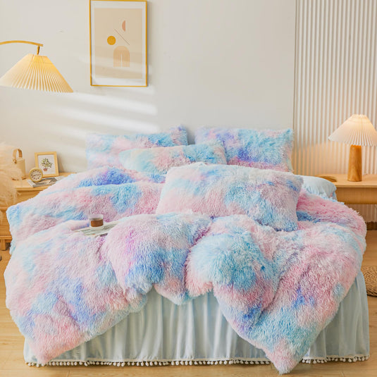 Fluffy Pink Faux Fur Comforter Cover Set，Fluffy Fuzzy Plush Pink Bedding 3Pcs (1 Faux Fur Duvet Cover +2 Fuzzy Pillowcases) Pink Fluffy Bed Set (Pink, Queen)