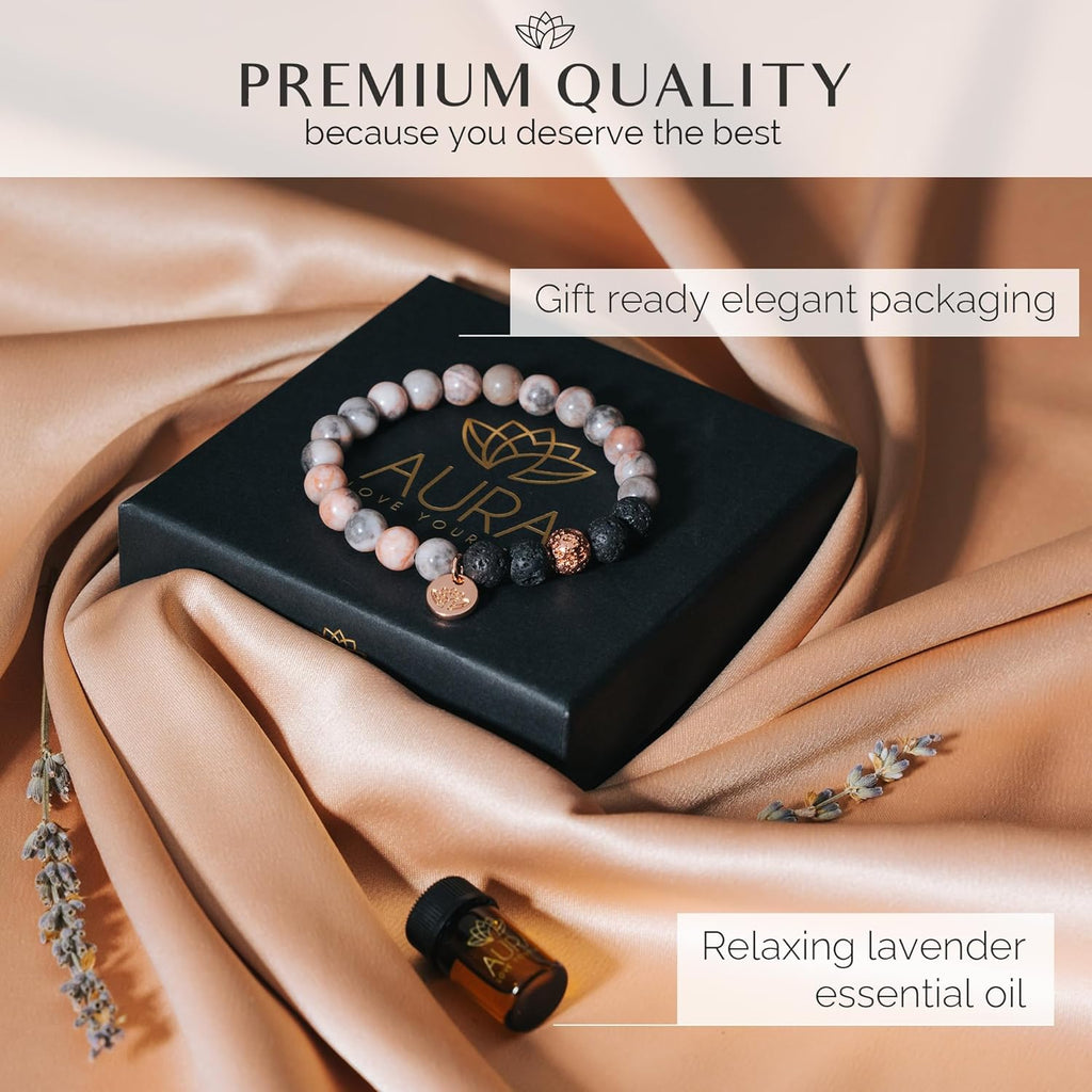 Lava Rock Beaded Diffuser Bracelet for Women with Lavender Essential Oil, 18K Gold-Plated Charm Soothing Crystal Beads Boho Stretch Bracelet for Aromatherapy, Birthday and Valentine’s Day Gift for Her