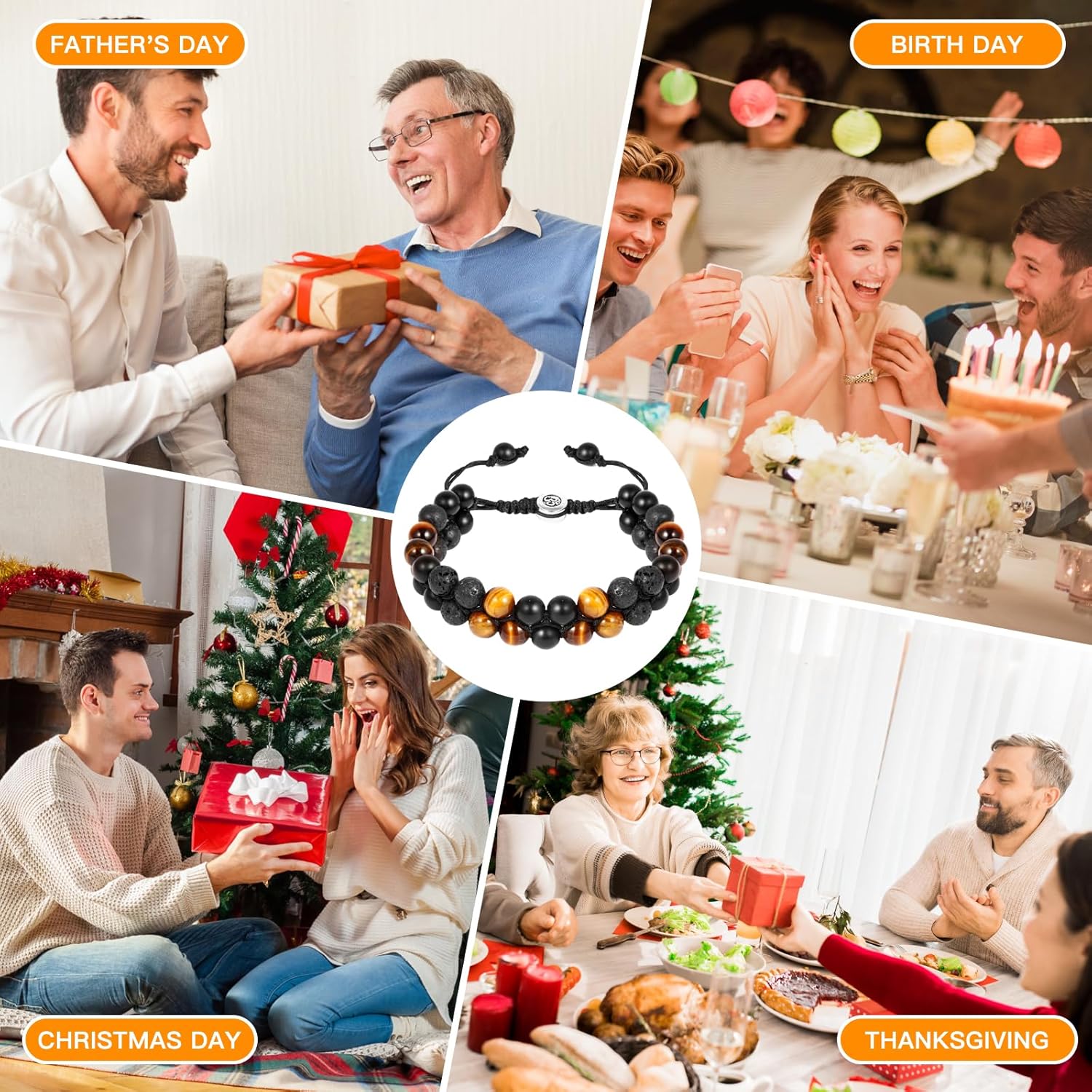 Triple Protection Bracelet - for Protect & Balance - Energy Crystal Handmade Bracelets for Men - Bring Good Luck & Prosperity, Tiger Eye Black Onyx and Lava Rock Jewelry Natural Stone Healing Bracelet