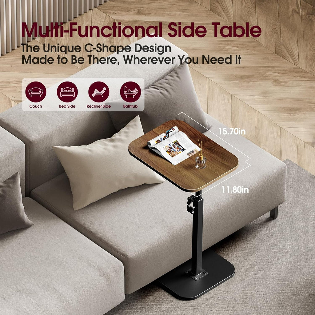 End Table C-Shaped Adjustable Pedestal Side Table Night Stand with 360° Rotating Top, Height Adjustable, Small Couch Living Room or Bedroom Versatile End Table for Sofa or Bedside, Rustic Brown