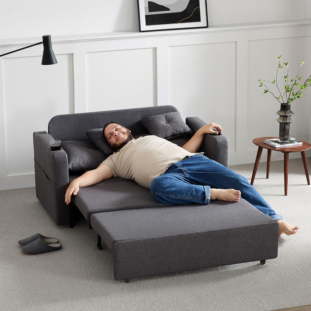 3 in 1 Sofa Bed, 56 Inch Convertible Pull Out Couch, Loveseat Sleeper Sofa with Cup Holders, USB, Sofa Couches for Living Room, Bedroom, Apartment, Dark Grey