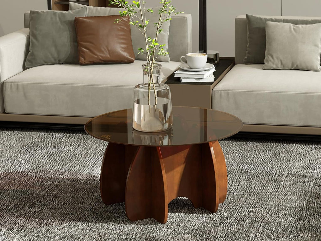 Round Glass Coffee Table Brown Glass Modern Center Tables for Living Room Small Spaces Creative Unique Accent Table Extendable Home Furniture