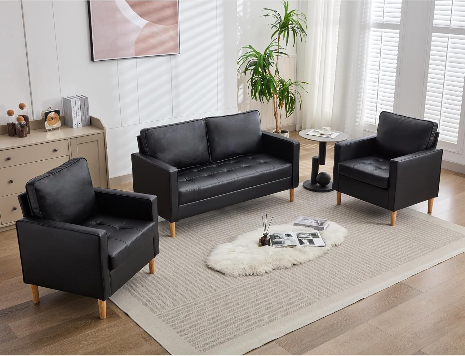 TYBOATLE 57" Small Black Faux Leather Sofa Couches, 3 Piece Living Room Set, Mid-Century Modern Tufted Comfy Loveseat, 2 Seater Office Couch Love Seat for Small Space Bedroom Drom Apartment