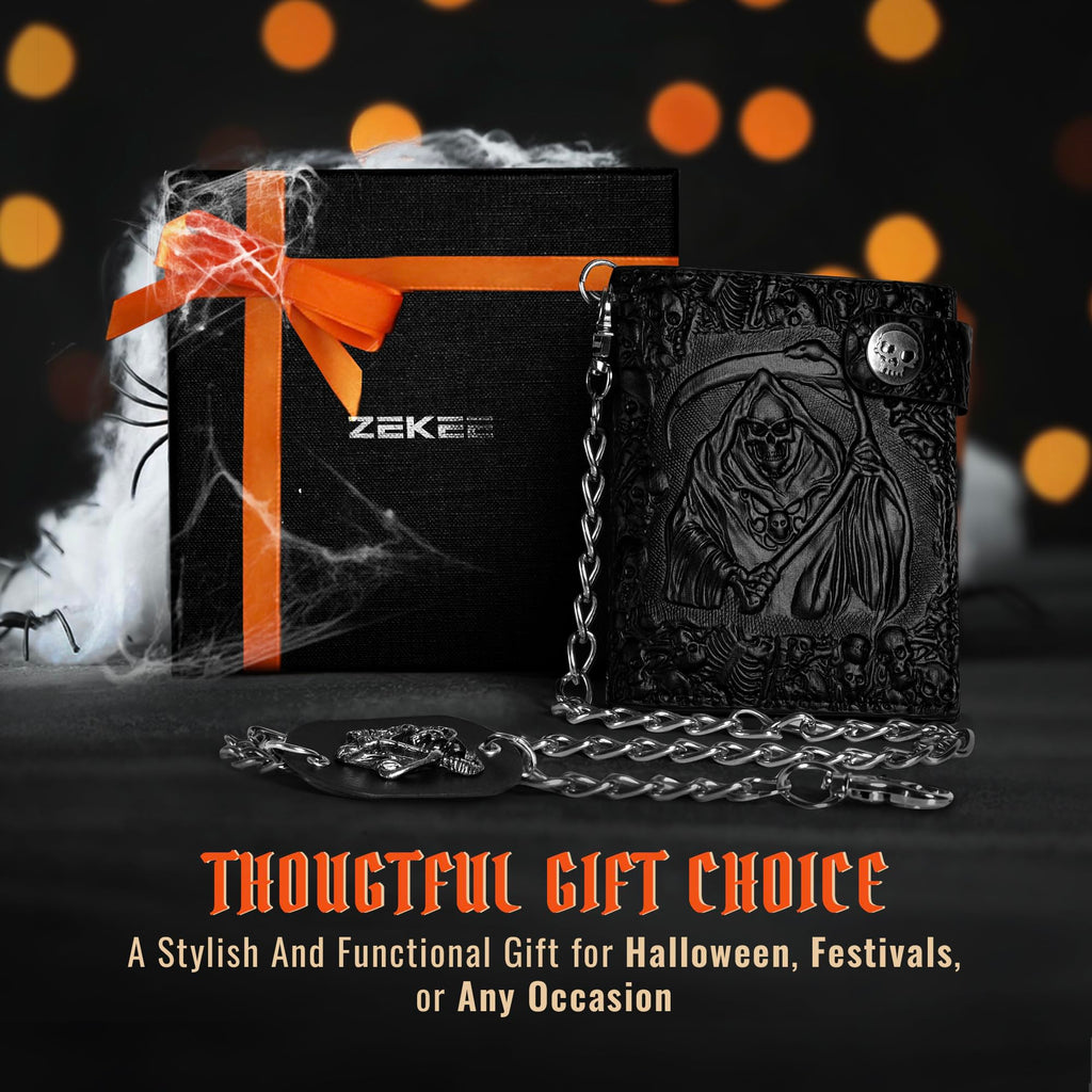 Portefeuille chaîne gothique crâne ZEKEE en cuir - Punk bifold Halloween gothique accessoires | Unisexe, noir