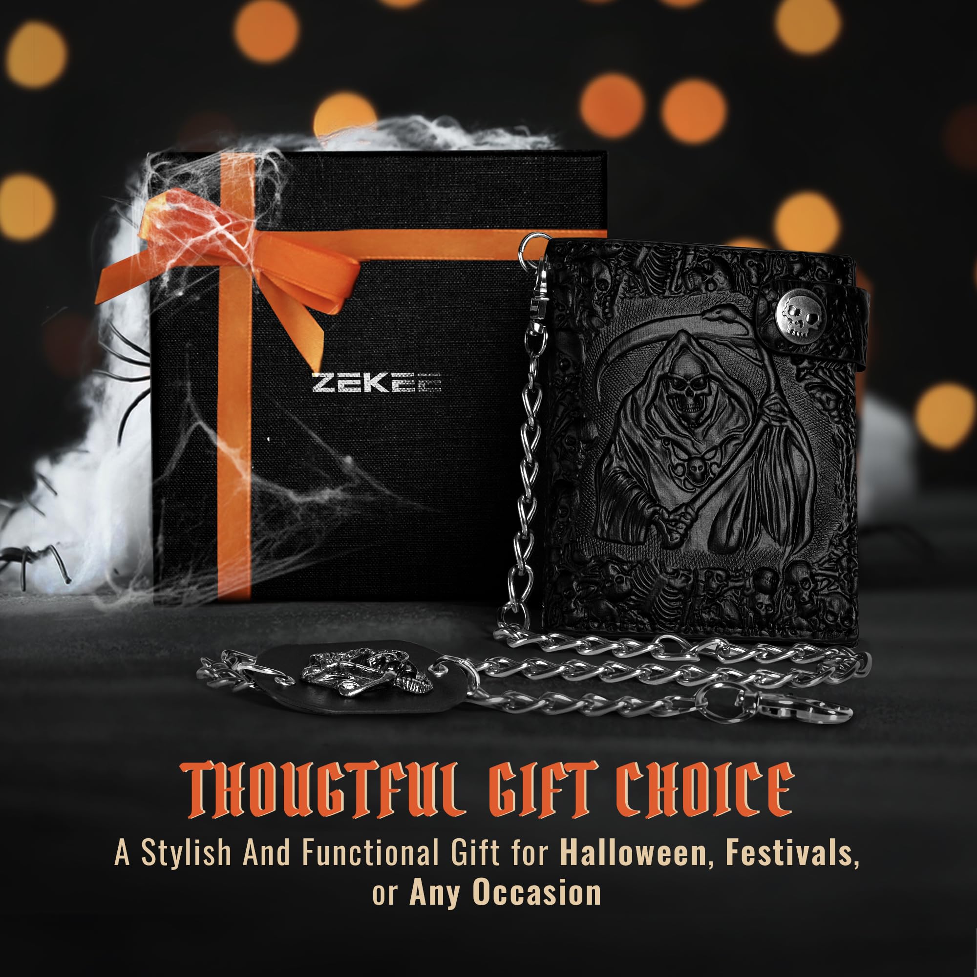 Portefeuille chaîne gothique crâne ZEKEE en cuir - Punk bifold Halloween gothique accessoires | Unisexe, noir