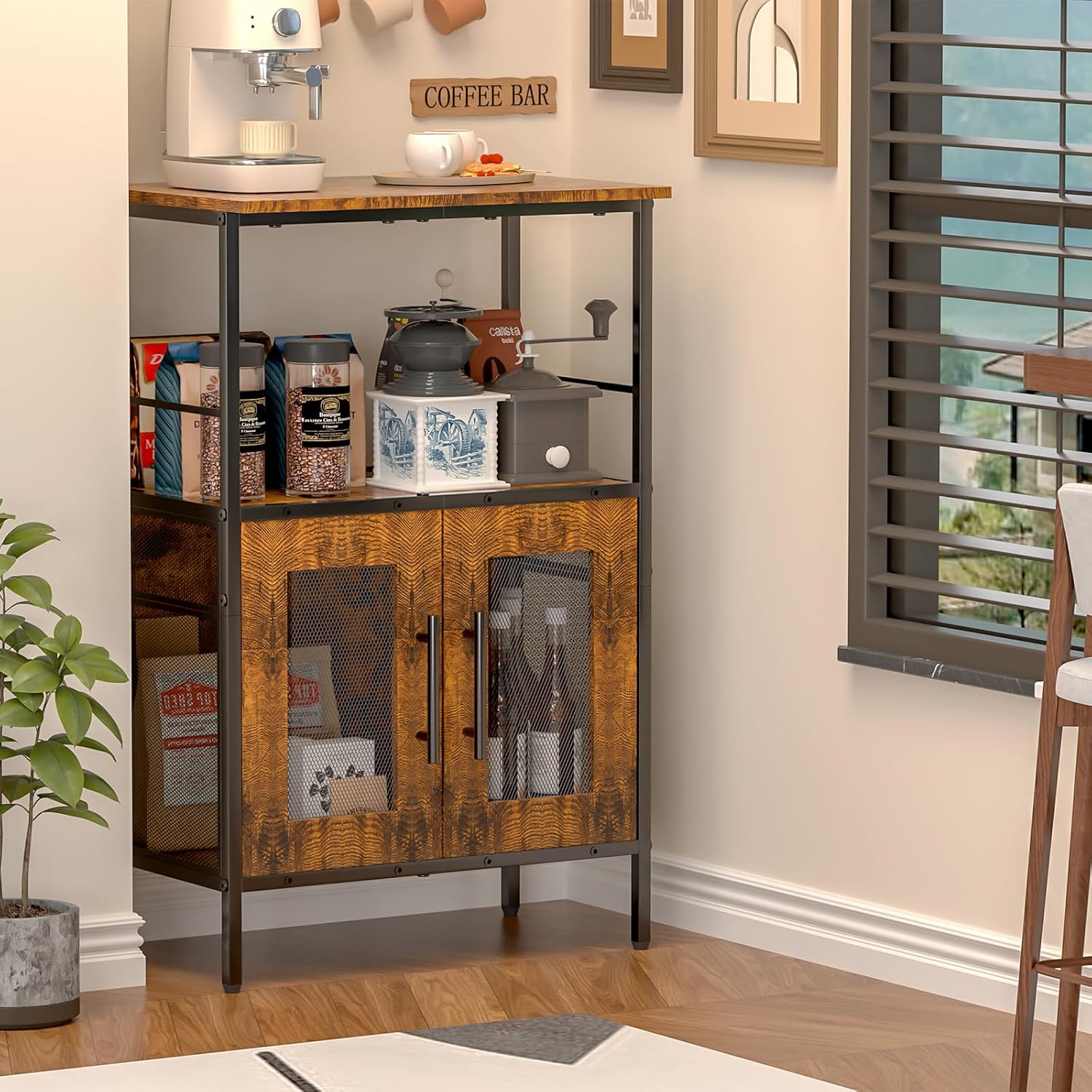 X-cosrack Buffets Coffee Bar Station, 3-Tier Small Coffee Stand Station with Storage, Farmhouse-Style Microwave Cart Featuring 2-Door Cabinet Ideal for Living Room, Entryway, Sideboards