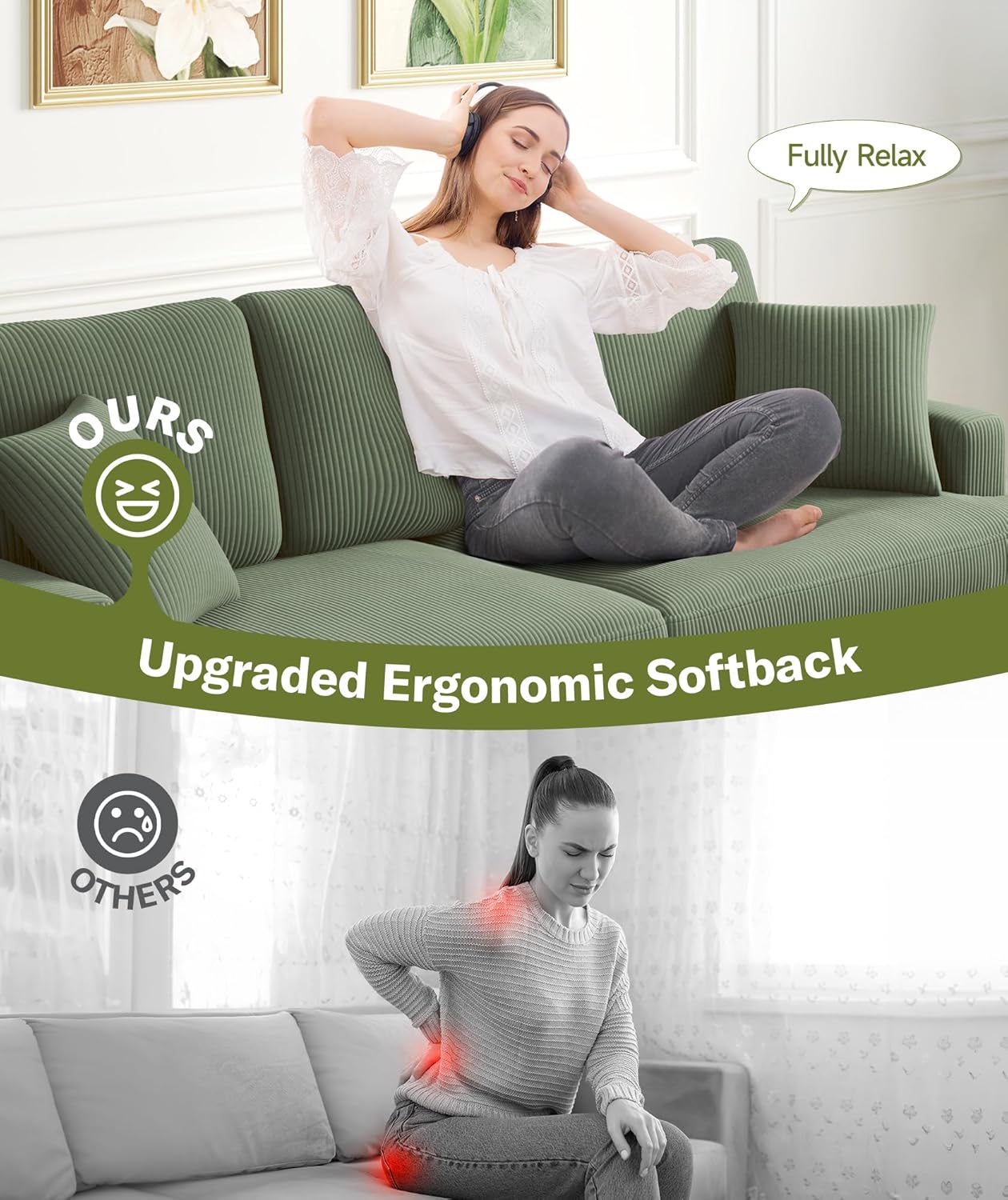 Kidirect 87in Green Sofa, Couches for Living Room 21in Extra Deep Seats, Comfy Corduroy Sofas for Living Room No Tool Assembly, Modern Oversized Love Seat with 2 Pillows, Sofa Couch for Bedroom