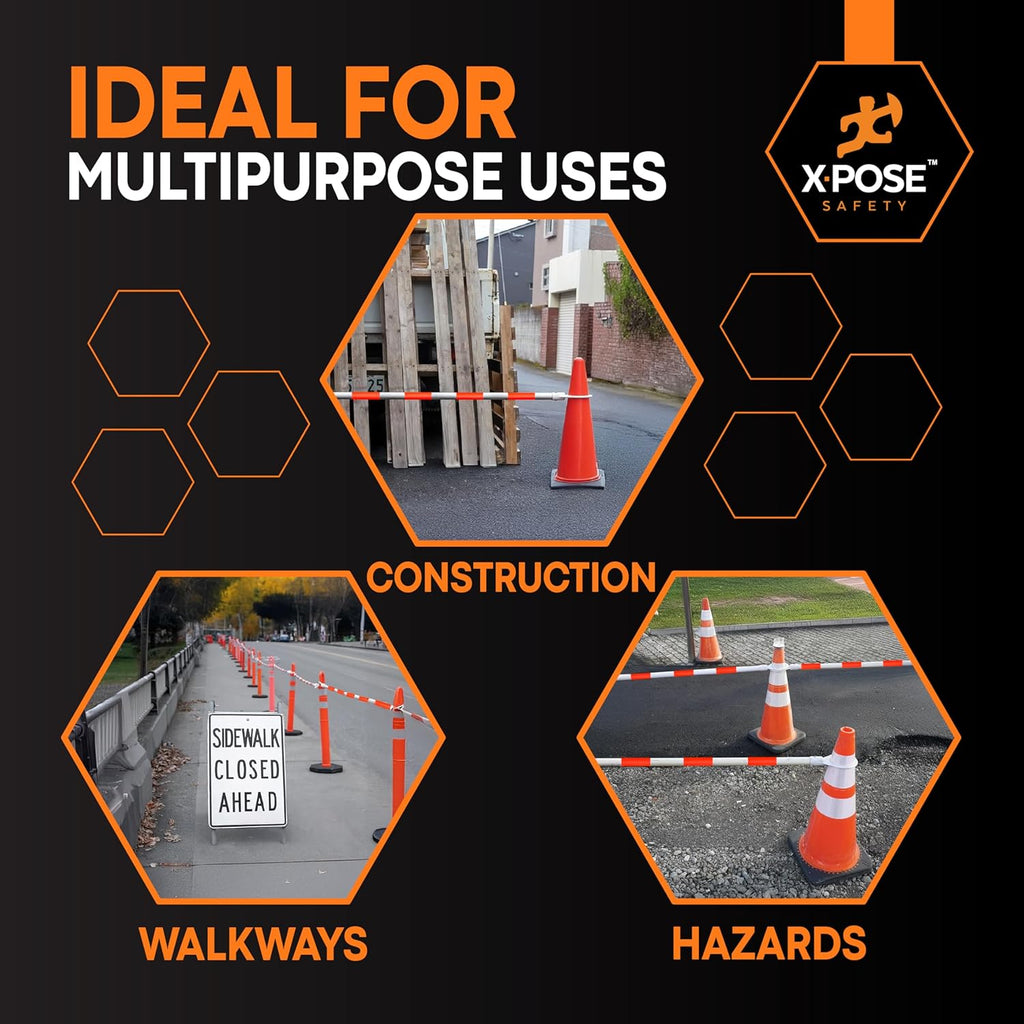 Retractable Barrier for Safety Traffic Cones - 2" OD - Large Yellow and Black Bar Barricade - for Road Construction, Parking, Warning, Temporary Security Divider (40, Orange & White, 72" x 120")
