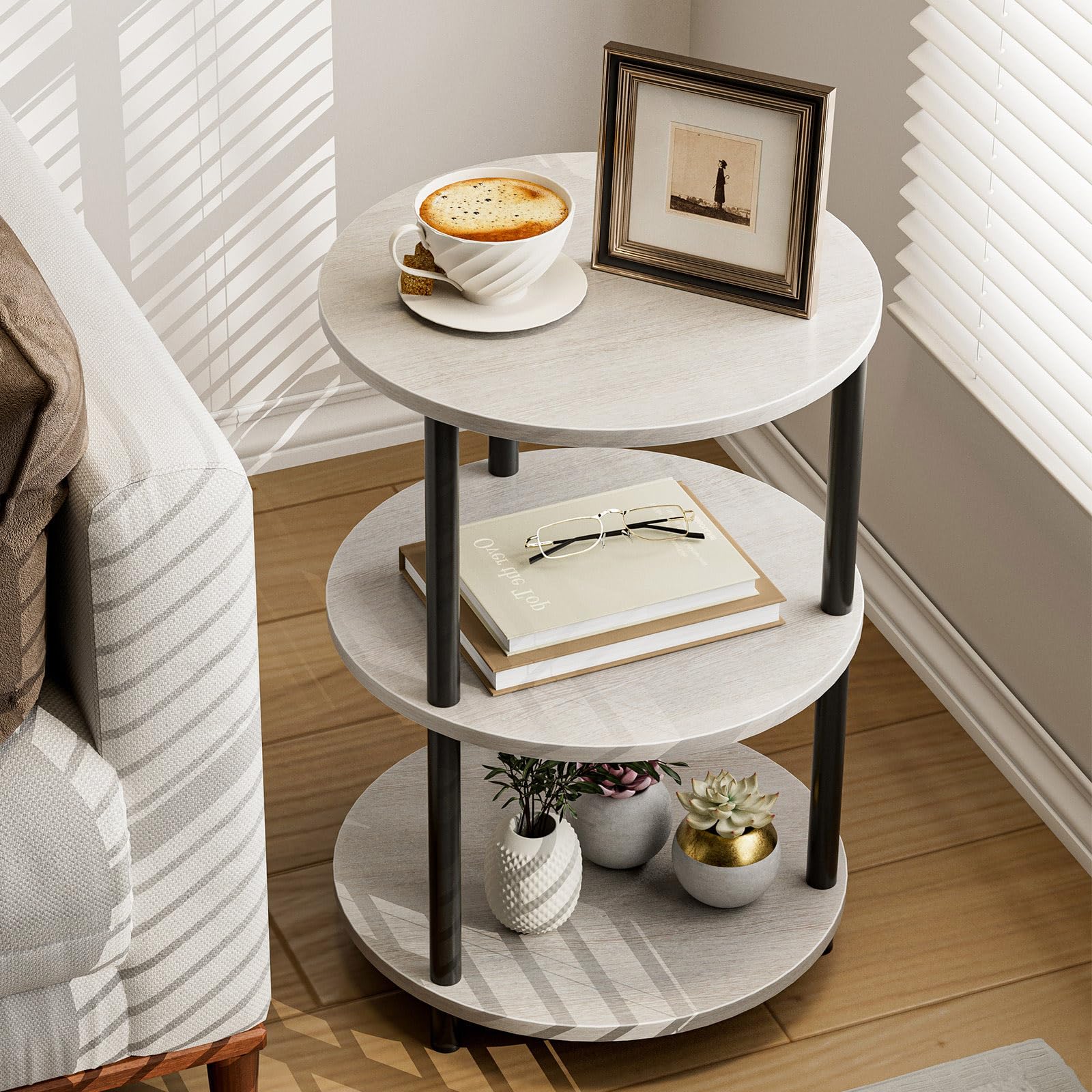 Small Round End Table - 3 Tier Design Accent Table, Narrow Side or Bedside Stand, Industrial Vintage Nightstand for Bedroom, Living Room, or Small Spaces, Rustic Brown