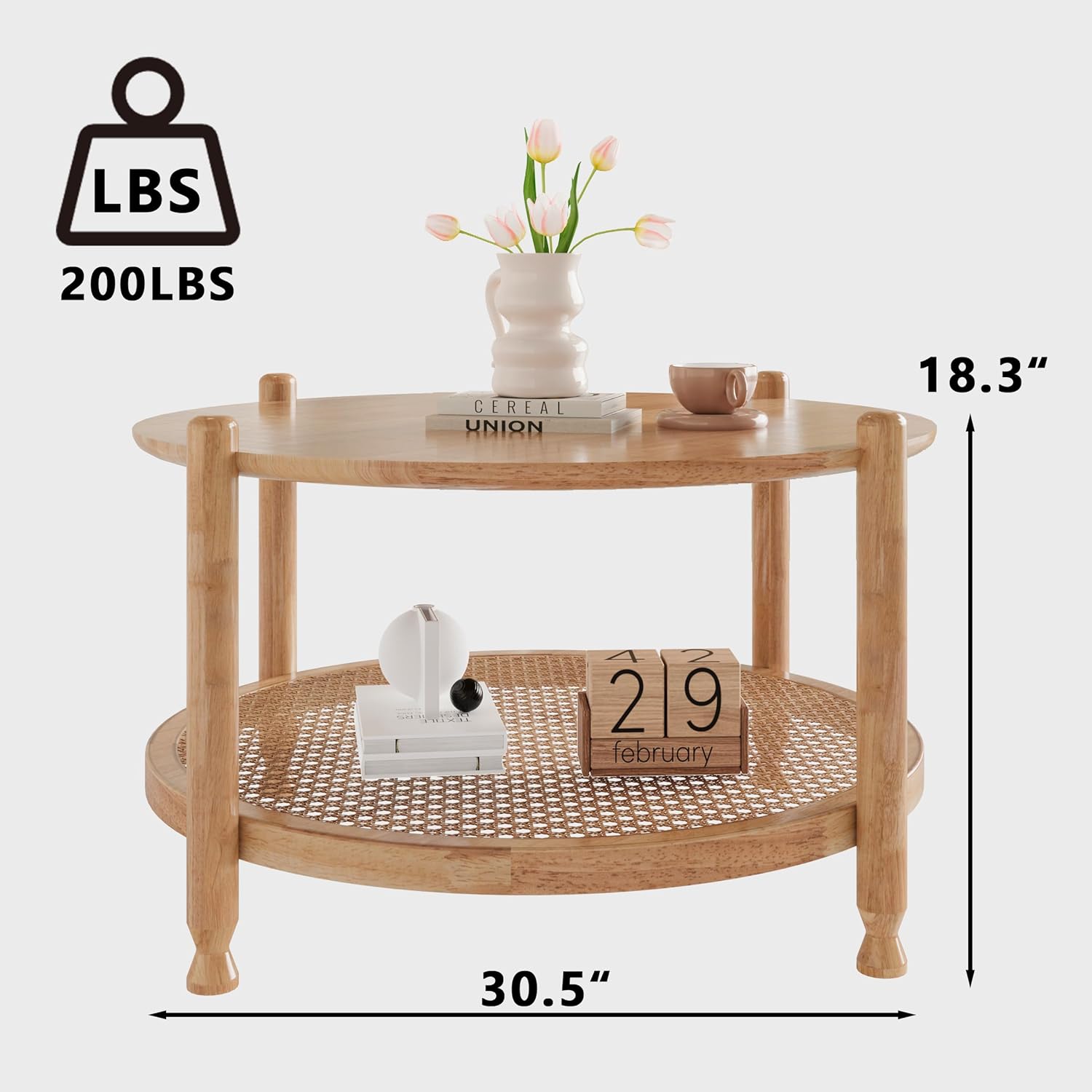 Solid Wood Round Coffee Table, 32 Inch 2-Tier Living Room Center Table with Woven Rattan Shelf, Modern Farmhouse Boho Design, Easy to Assemble, Natural Wood