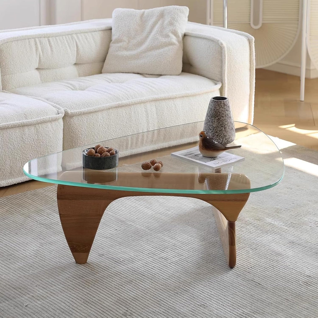 Modern Glass Coffee Table, 32.3″D×25.6″W×15.8″H-Abstract Unique Mid Century Triangle Center Table for Living Room, Minimalist Middle Tables for Home Office, Wooden Base
