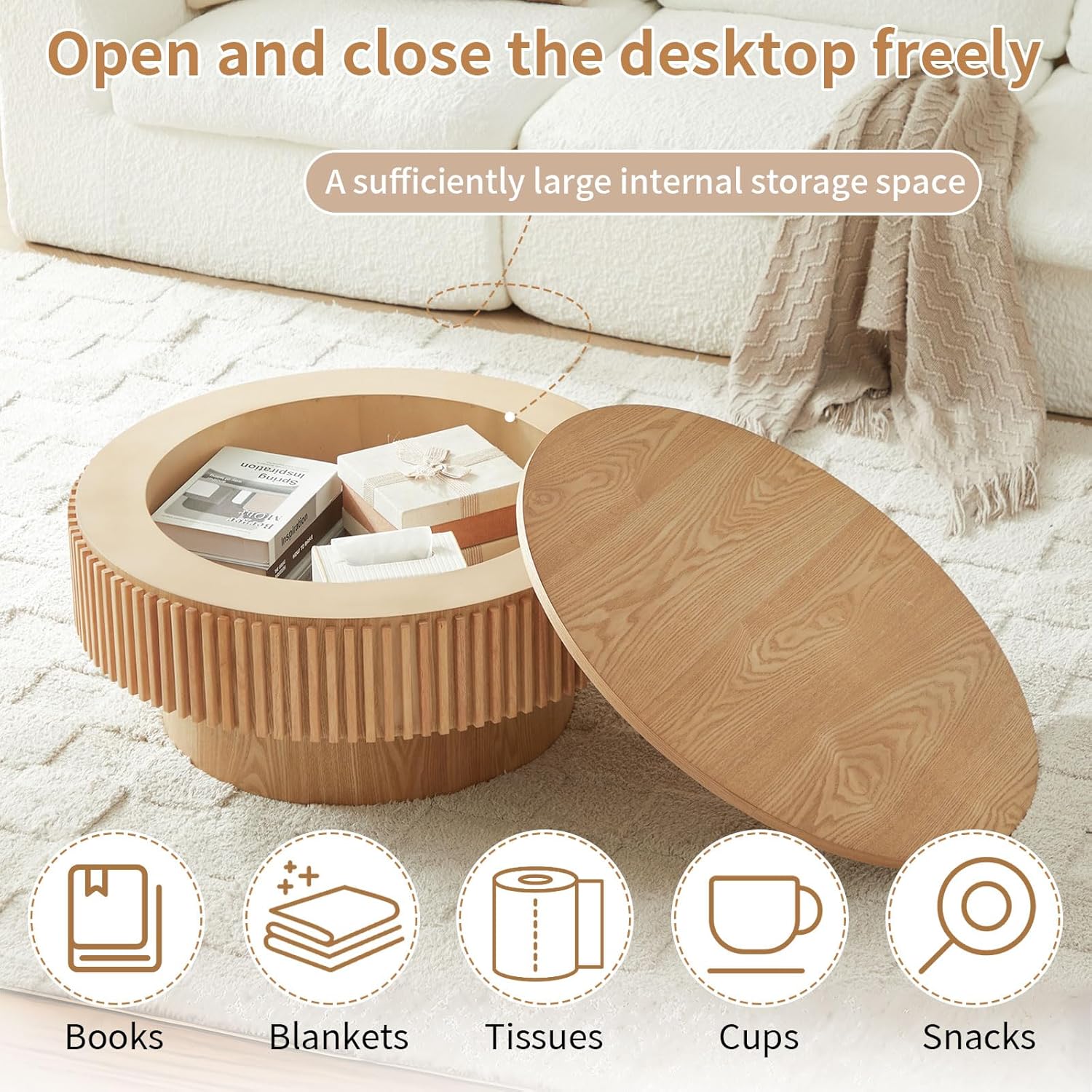 LKTART Round Coffee Table for Living Room, Accent Fluted Drum Coffee Table with Storage, Modern Solid Wood Veneered Circle Center Tea Table for Small Space Apartment (31.5''D×14''H-Natural)