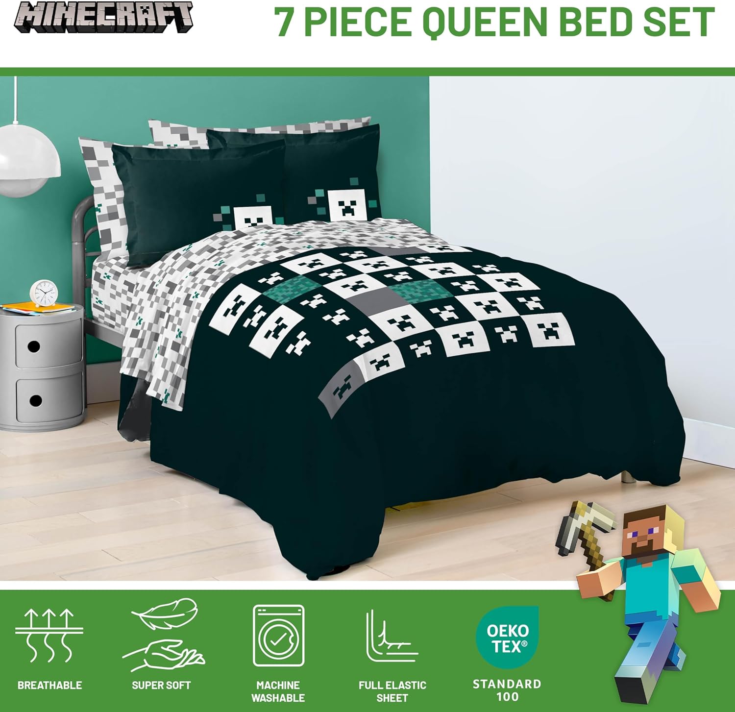 Jay Franco Minecraft Creeper Queen Comforter Set - 7 Piece Gamer Bedding Includes Sheet Set & Pillow Covers - Super Soft Checkered Bedding